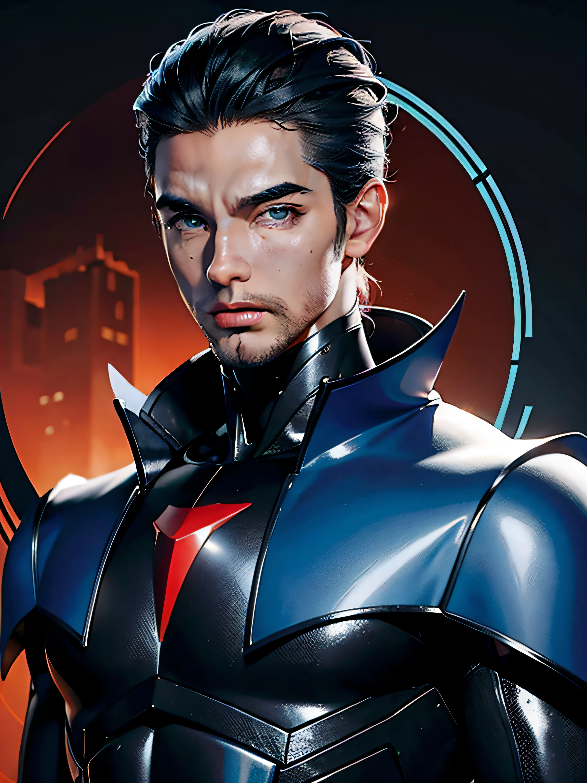 male robot character, olhos vermelhos, cabelos pretos, azul, Roupas em tom vermelho e preto, macho
