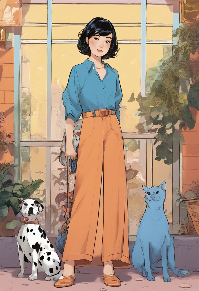 High detail, Clarity, An Asian girl with short hair,With two animals,With a small English short blue cat,and a large Dalmatian