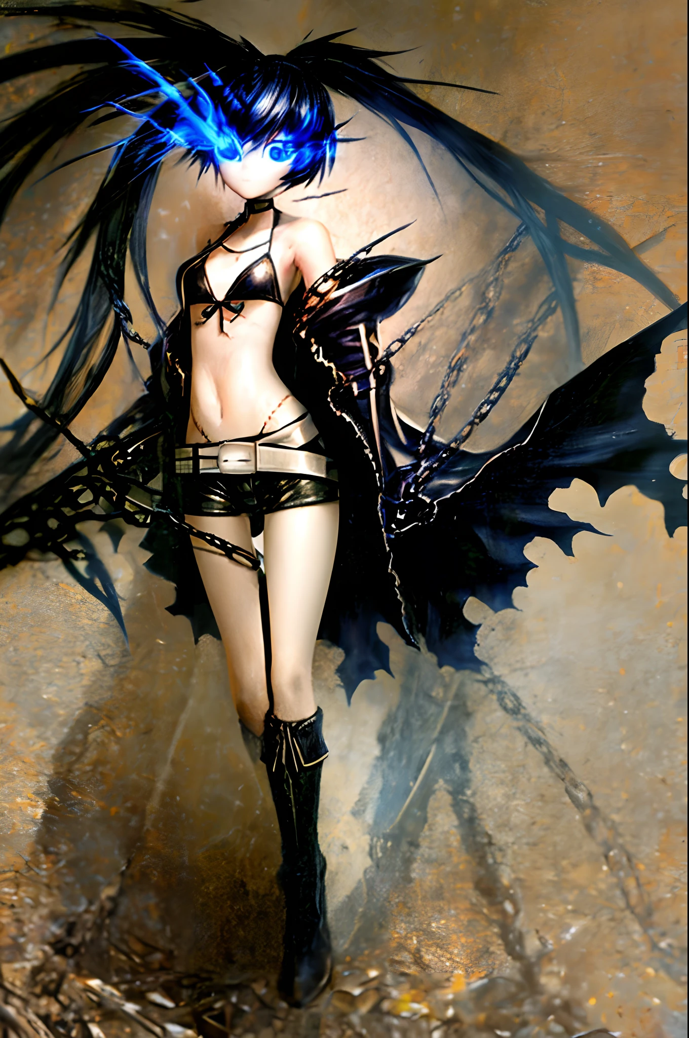 (masterpiece, best quality), intricate details, 1girl, blue eyes, black rock shooter, coat, collar, flat chest, jacket, long hair, scar, shorts, black bikini top, star \(symbol\), swimsuit, twintails, uneven twintails, ((blue fire)),flaming eye, blue fire on eye, standing, walking, forest