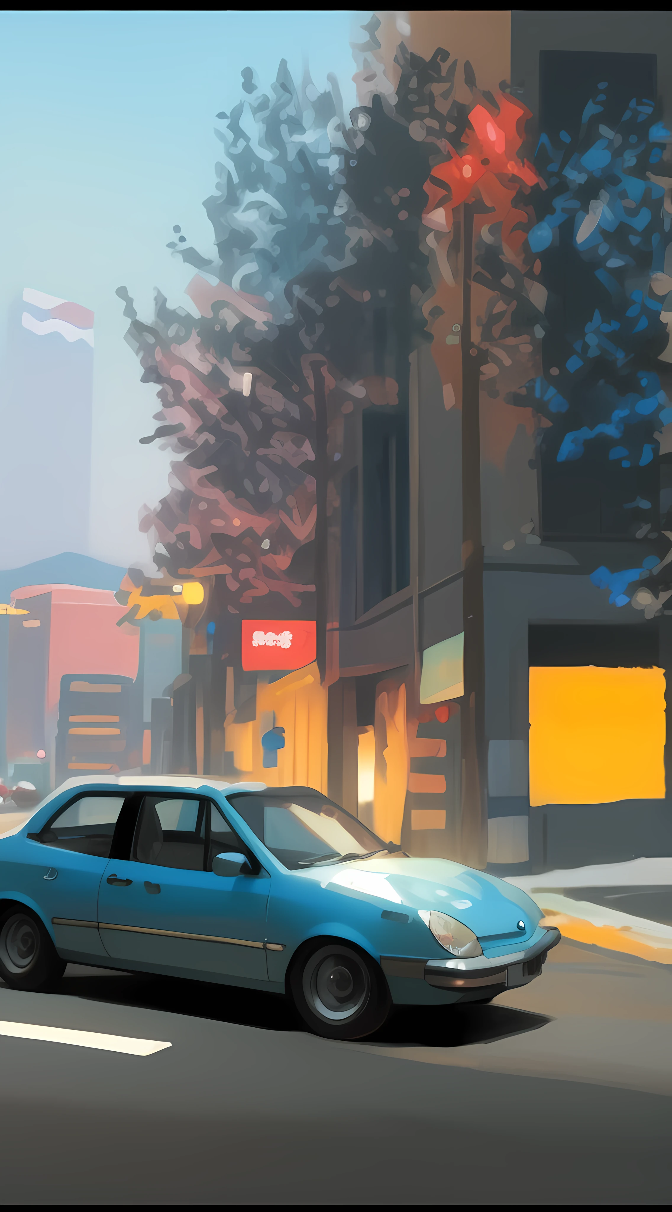 Coches estacionados frente a un edificio con techo azul, Foto descubierta, 2045, Cinematographergrafía, Foto de Instagram, Foto detallada, realistic photograph, Disparo de coche, Post procesado, Foto de Snapchat, pilar, imagen frontal, Cinematographer, 1505, 2708519935, 2 4 mm ISO 8 0 0 color