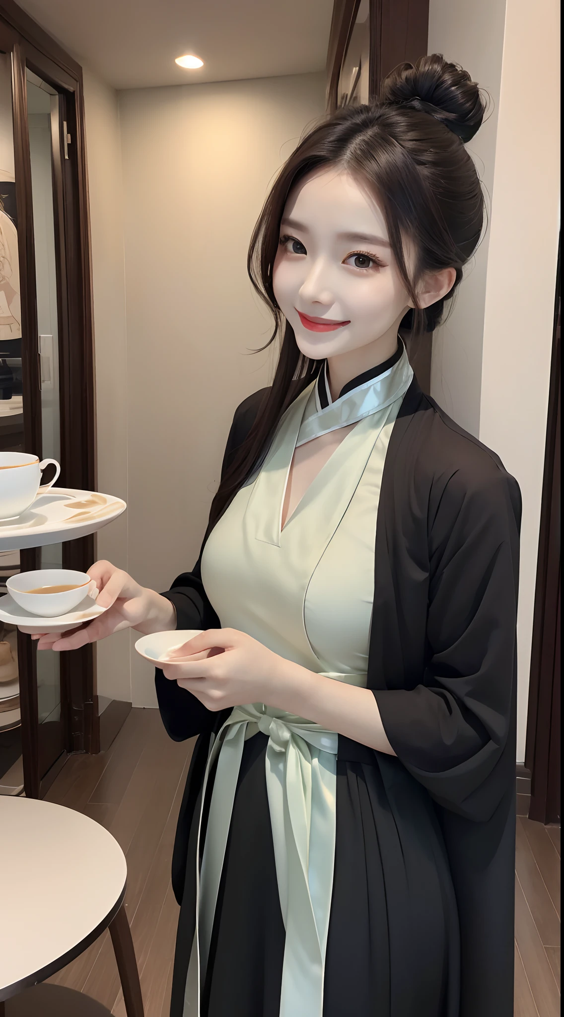 A woman who is,(Hanfu),(China-style),(art-style),high detal,超高分辨率,first person perspective,Dressed in satin,Loved serving tea,High bun,Ribbon headband,Wearing lotus jadeite on his hands,smiling and looking towards the camera。