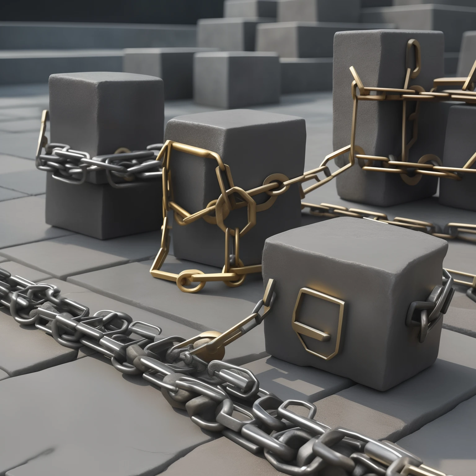 two stone blocks joined by a metal chain. the stone blocks are visible. The stone blocks are joined together by metal chains. the stones are square. the stone blocks are joined by chains as if they were weapons. the blocks of stones joined by the metallic coherents look like nunchucks