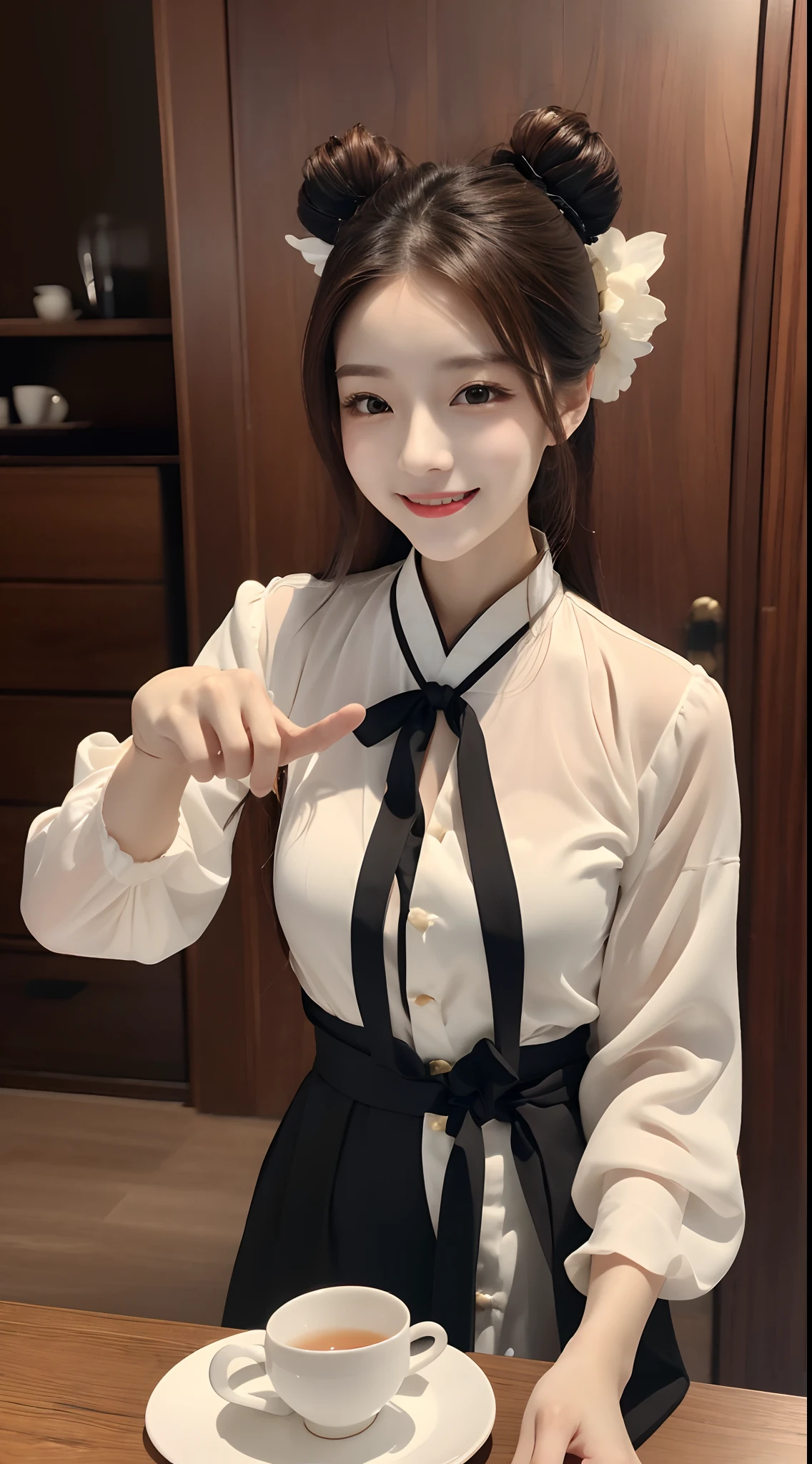 A woman who is,(Hanfu),(China-style),(art-style),high detal,超高分辨率,first person perspective,Dressed in satin,Loved serving tea,High bun,Ribbon headband,Wearing lotus jadeite on his hands,smiling and looking towards the camera。