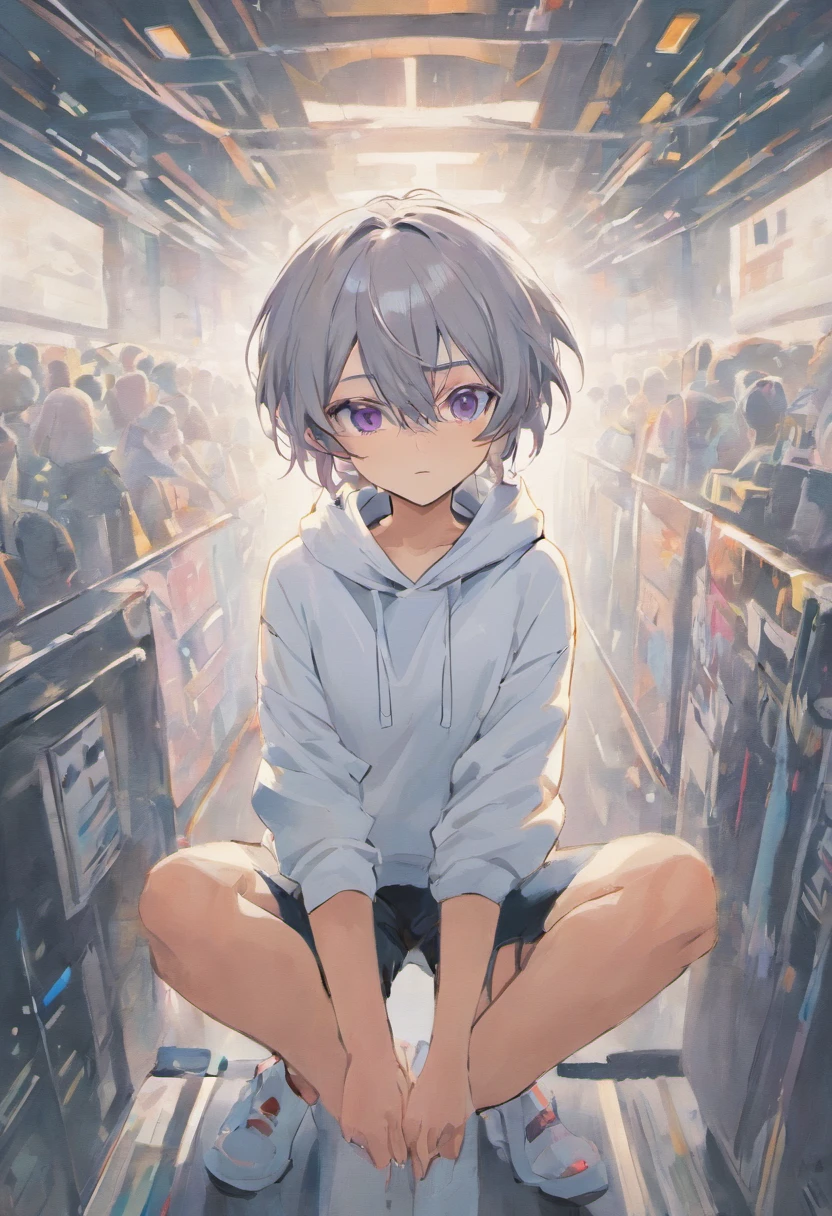 Gray-haired Japanese anime youth,Wearing VR glasses,, White hoodie, White shorts, No tattoos, No beard, 16 yaers old, Wear white VR glasses