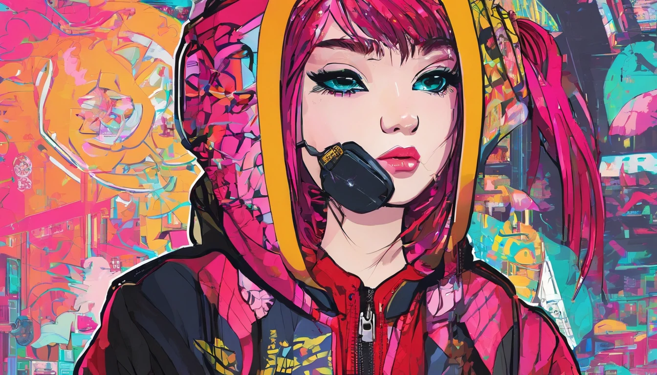 japanaese girl,pale skin,beatiful face,rose hair,red jacket Tokyo, with Cyberpunk style,Japanese streetwear,Tokyo Fashion,Wearing a Cyberpunk 2 jacket 0 7 7