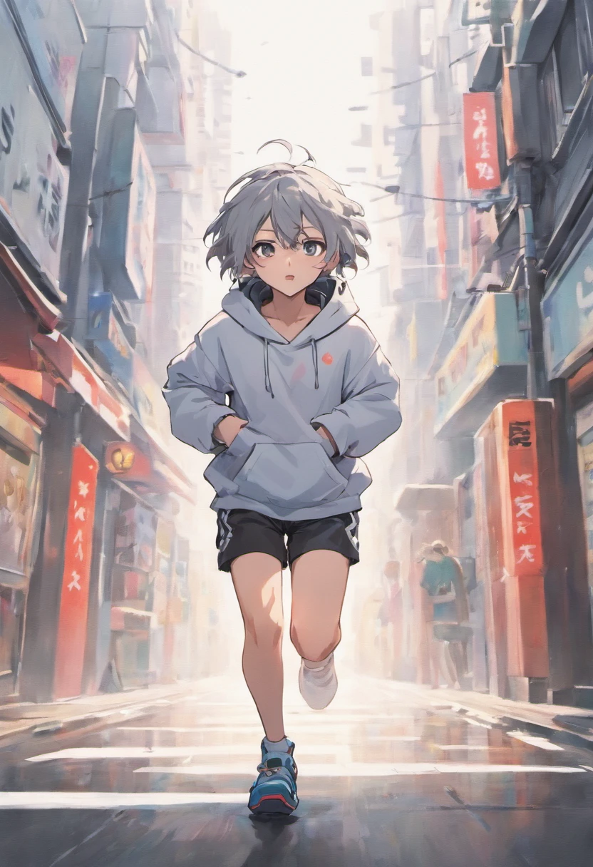 Gray-haired Japanese anime youth running in Tokyo streets,Wearing VR glasses,, White hoodie, White shorts, No tattoos, No beard, old, Wear white VR glasses