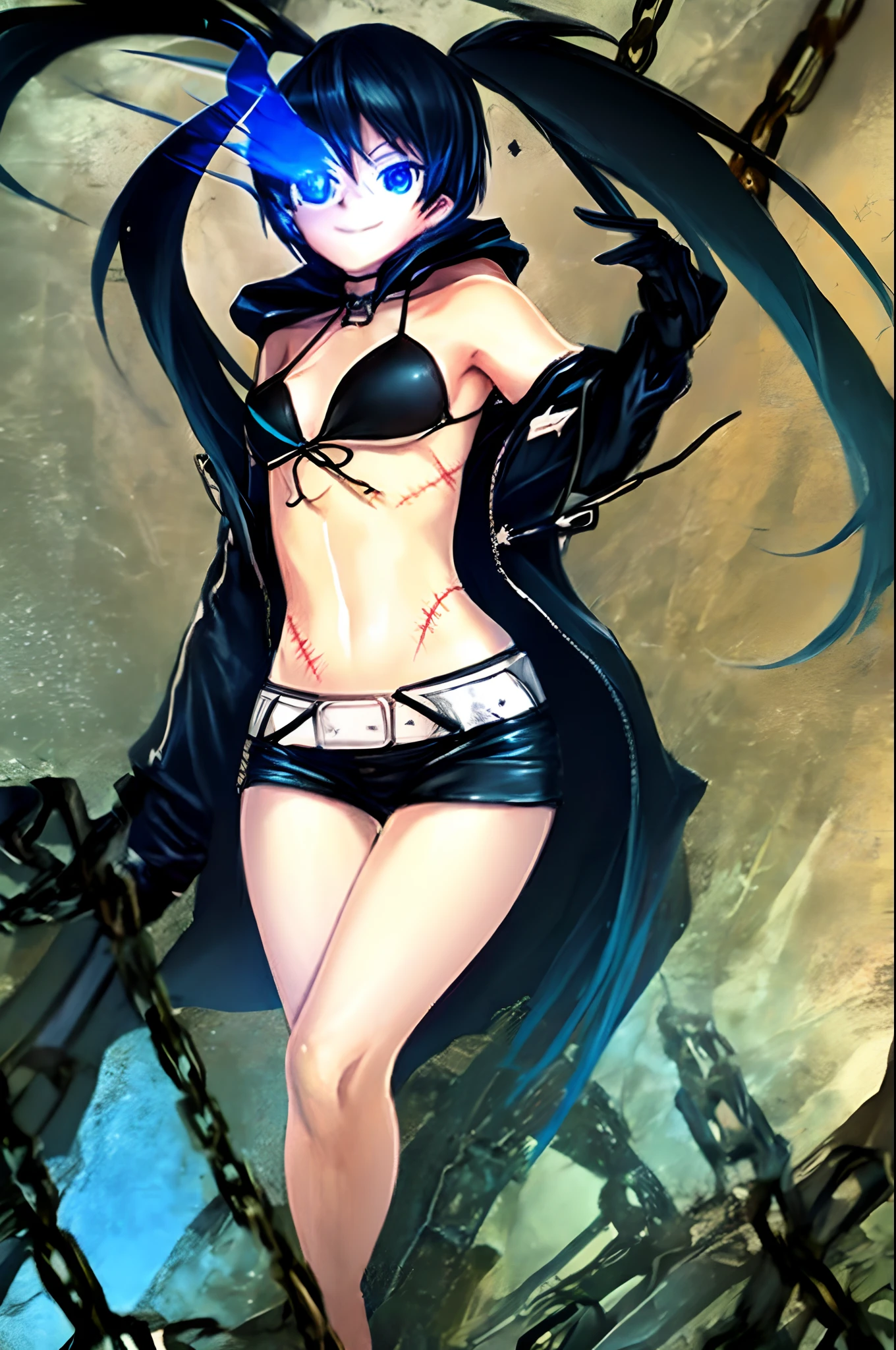 (masterpiece, best quality), intricate details, 1girl, blue eyes, black rock shooter, coat, collar, flat chest, jacket, long hair, scar, shorts, top, star \(symbol\), swimsuit, twintails, uneven twintails, ((blue fire)),flaming eye, blue fire on eye, standing, walking, forest, smile, pullover