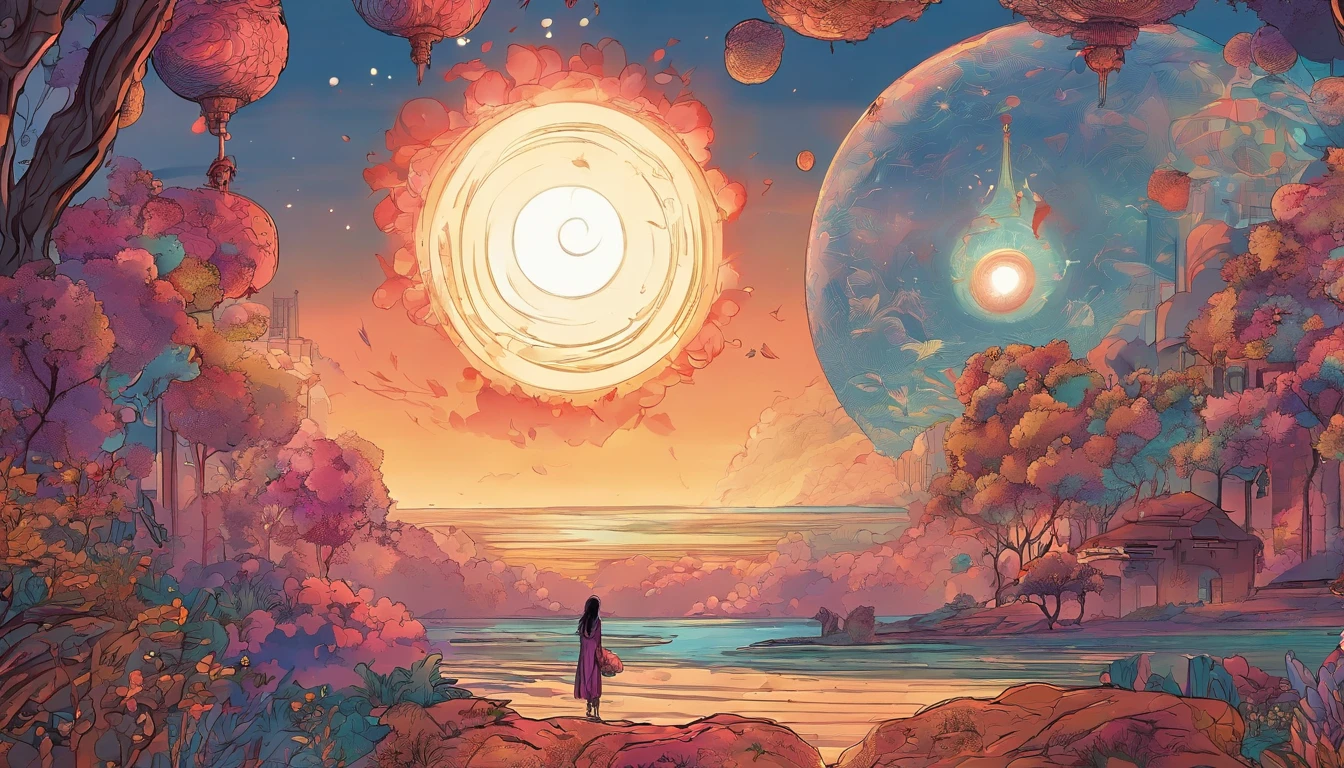 Arte Digital, Double exposure surreal world, Surreal jovem anime bonita, Usando fones de ouvido, setting sun, rosto delicado, olhos fechados, olhos pretos brilhantes intensos, Listen to calm music, cabelos ao vento, black aesthetic dress, vestido de rua insano, apocalipse fairytale, Chilout, double exposure, 4k, Ultra HD |, imagem fundo branco, destemido, ousado, travesso, Perfect translucent luminescent composition, in a state of focus and ecstasy, no paradise, celestial, 8K resolution, Arte editorial de heavy metal, complexo e hiper detalhado, beautiful composition, fundo branco, uma obra-prima surrealista moderna de Dan Mumford""Bonepunk, arte conceitual, h.r. Giger, Jeremy Geddes, airbrush, Sublime composition, + 36.5 mm f0 cinematic quality, philosophical pose, atencioso, Atencioso, brilho brilhante rubi brilho brilho, glossy texture of translucent pearl skin, complexo explosivo de rubis laser e penteado gemas, Tira misteriosa