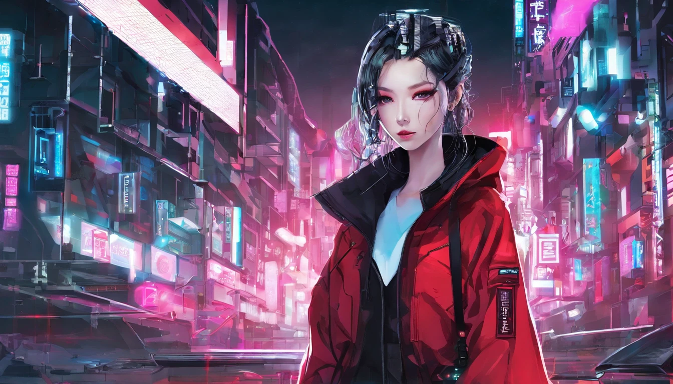 japanaese girl,pale skin,beatiful face,rose hair,Red Jacket,Tokyo at night, with Cyberpunk style,Japanese streetwear,Tokyo Fashion,Wearing a Cyberpunk 2 jacket 0 7 7