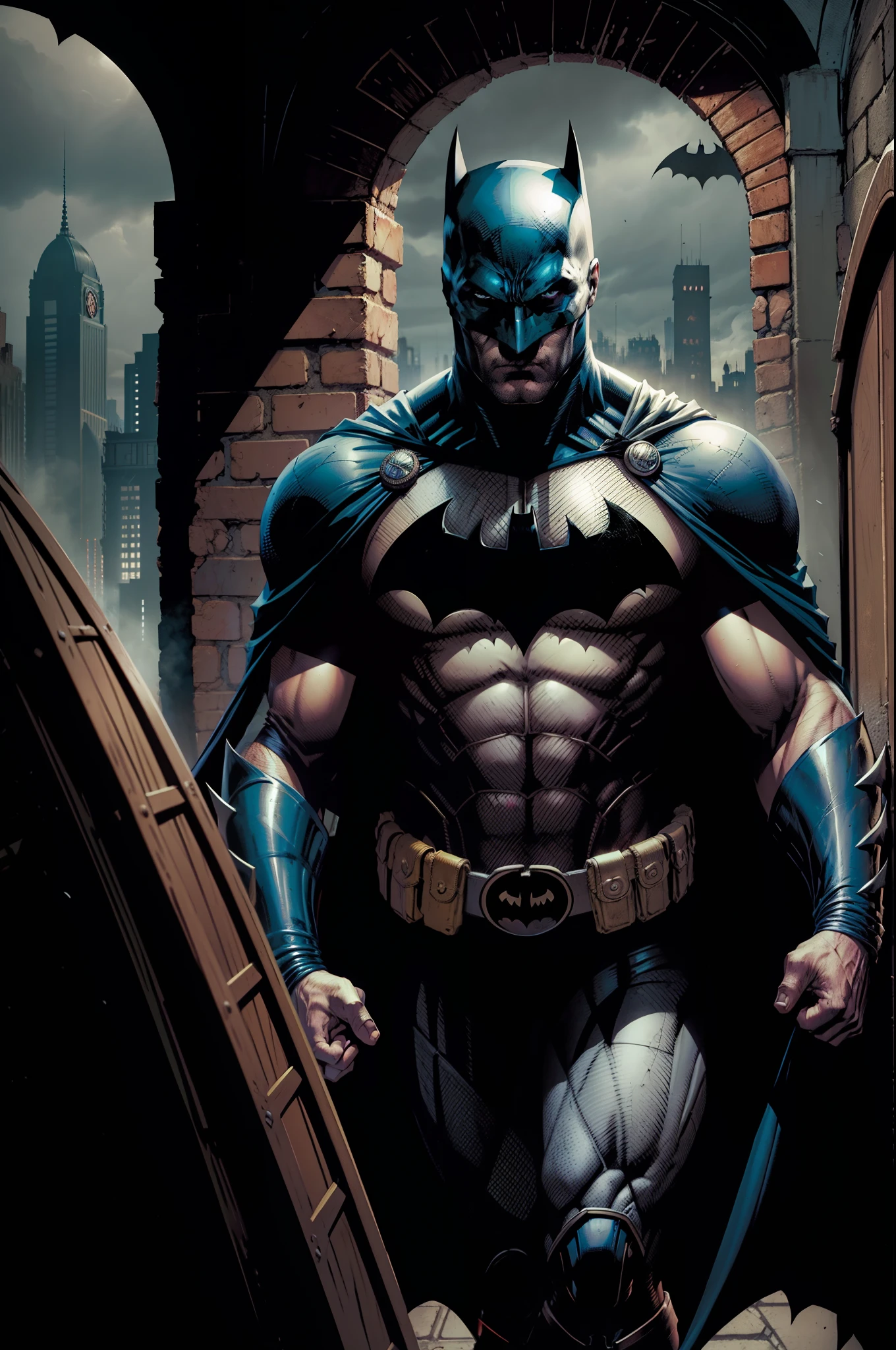 Batman em , Scenario holocausto , caus , sangue no chao e paredes , cenario delegacia de Gotham , cavaleiro das trevas , olhar focado , melhor qualidade , best resolution , obra prima , estilo Jim Lee , Dc comics