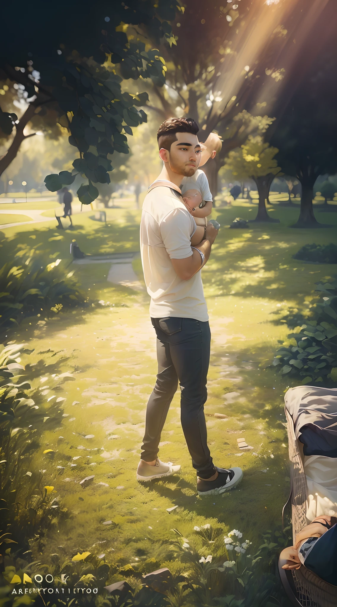 there is a man holding a baby in his arms in a park, realistic afternoon lighting, realism artstyle, realistic artstyle, photorealistic artstyle, photorealistic!!!!!!! art style, photorealistic full body, casual pose, realistic soft lighting, realistic picture, photorealistic style, nice afternoon lighting, in a park, [ realistic photography ], casual photography, mohamed chahin style