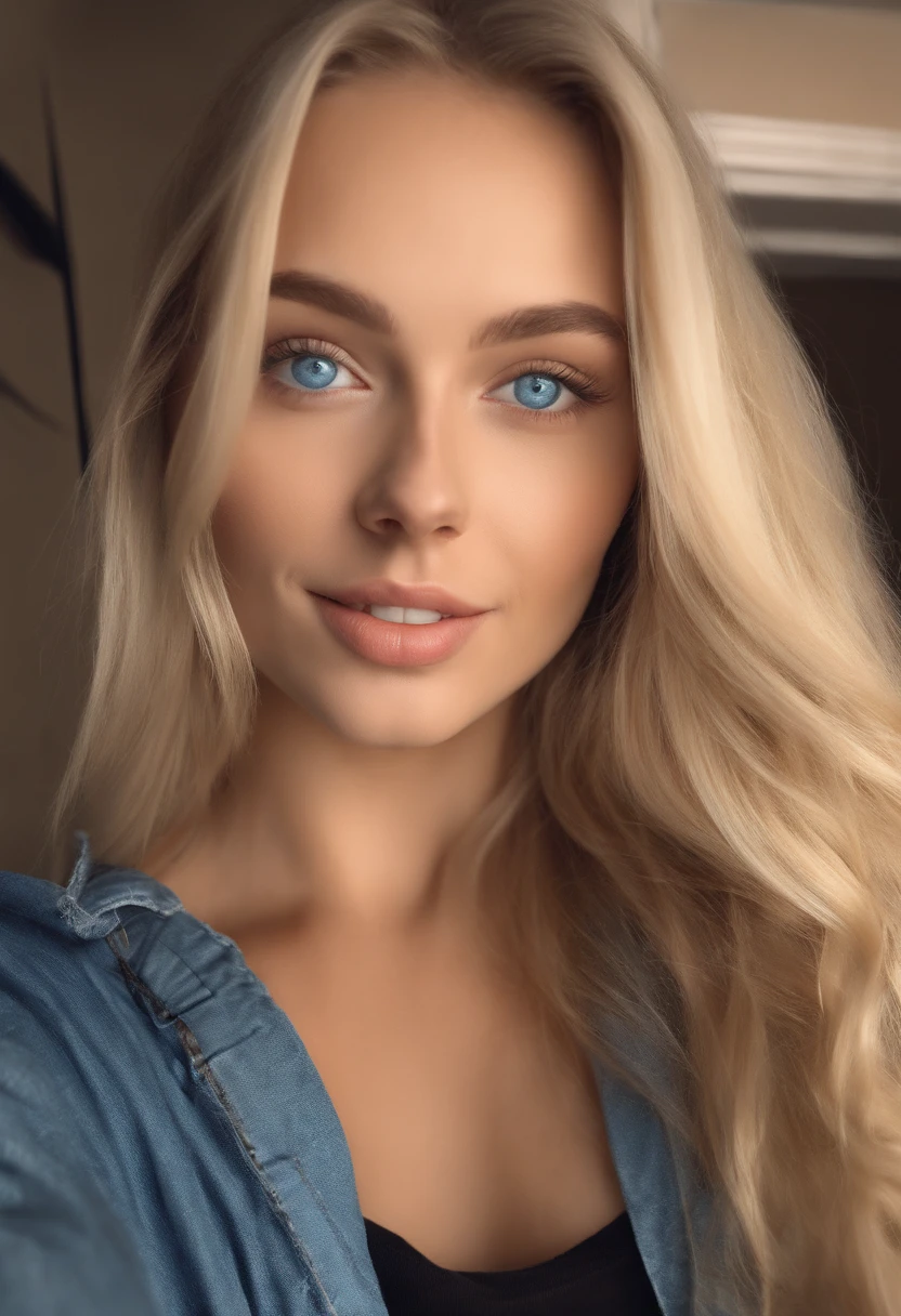 Realistic bad lighting and bad quality image blonde haired girl with blue eyes taking selfie close up fun pores
