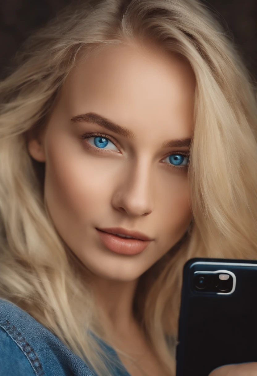 Realistic bad lighting and bad quality image blonde haired girl with blue eyes taking selfie close up fun pores