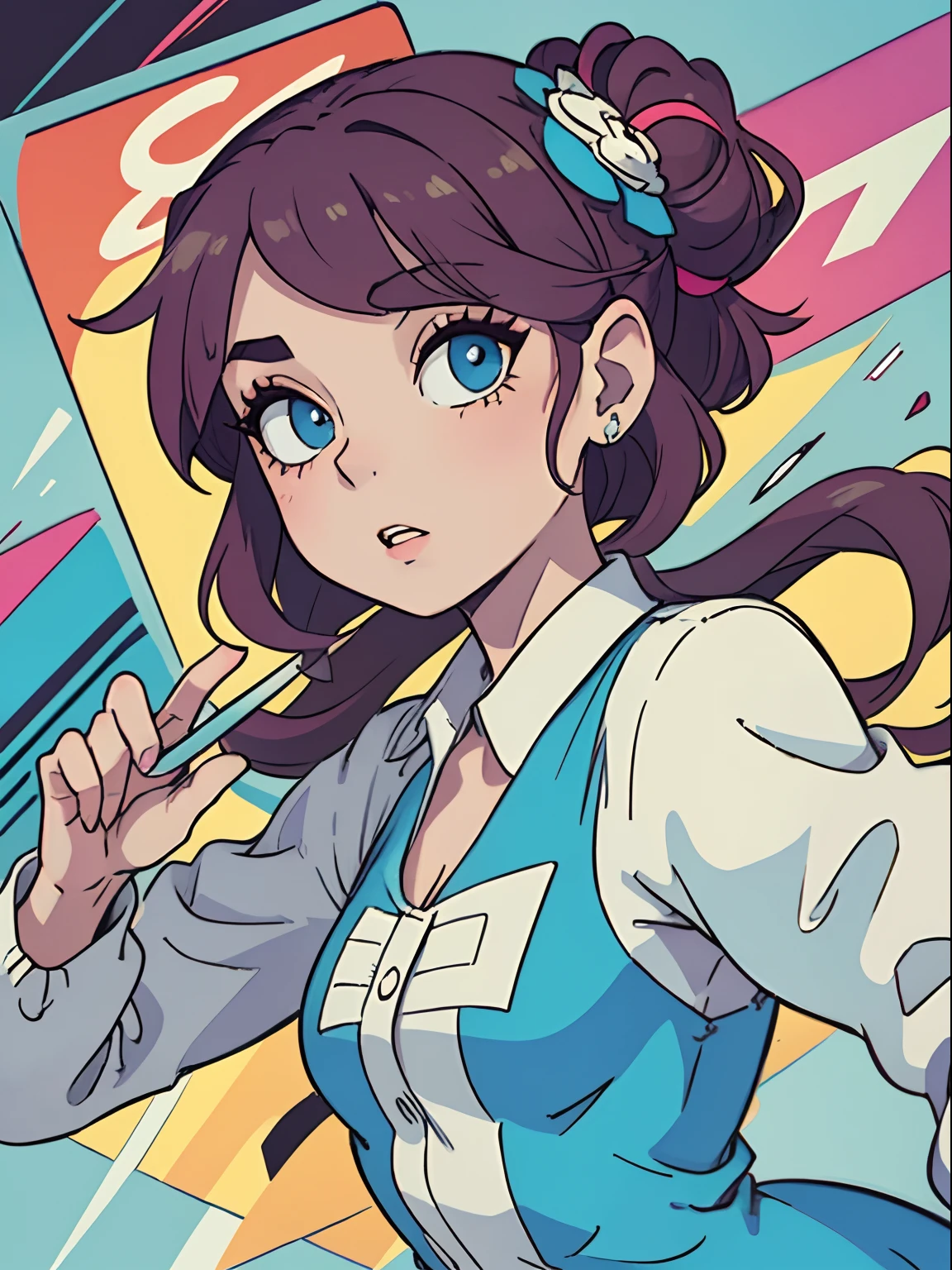 (master part:1.4, melhor qualidade), (detalhes intrincados), Unity 8k papel de parede, Ultra Detalhado, (ESTILO POP ART:1.2), (Estilo de Grgoire Guillemin:1.4), mulher, cores vibrantes, dynamic pose, confident expression, mini dress with bold patterns, Retro inspired updo with colored hair accessory, flirtatious charm and irresistible energy, perfect lighting, sombreamento perfeito, estados unidos