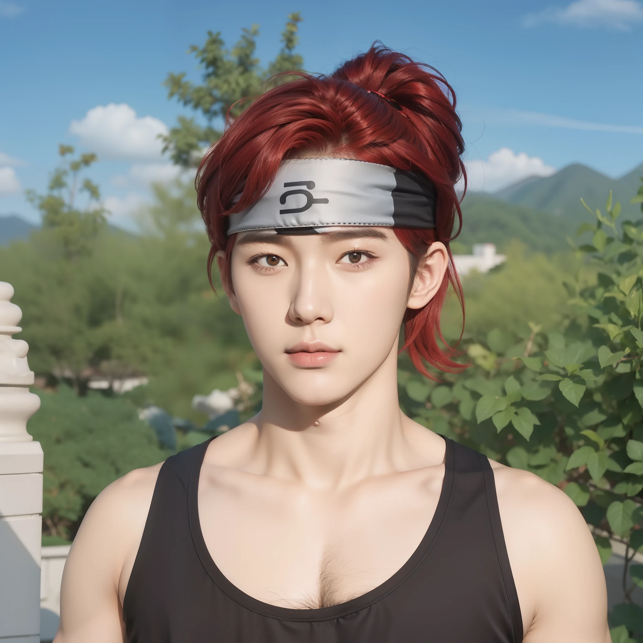 Real life adaption of this character , Korean handsome man ,realistic red hairstyle,realistic same outfit,hyper realistic,realism,realistic light,realistic shadow(photorealistic:1.2),plate headband