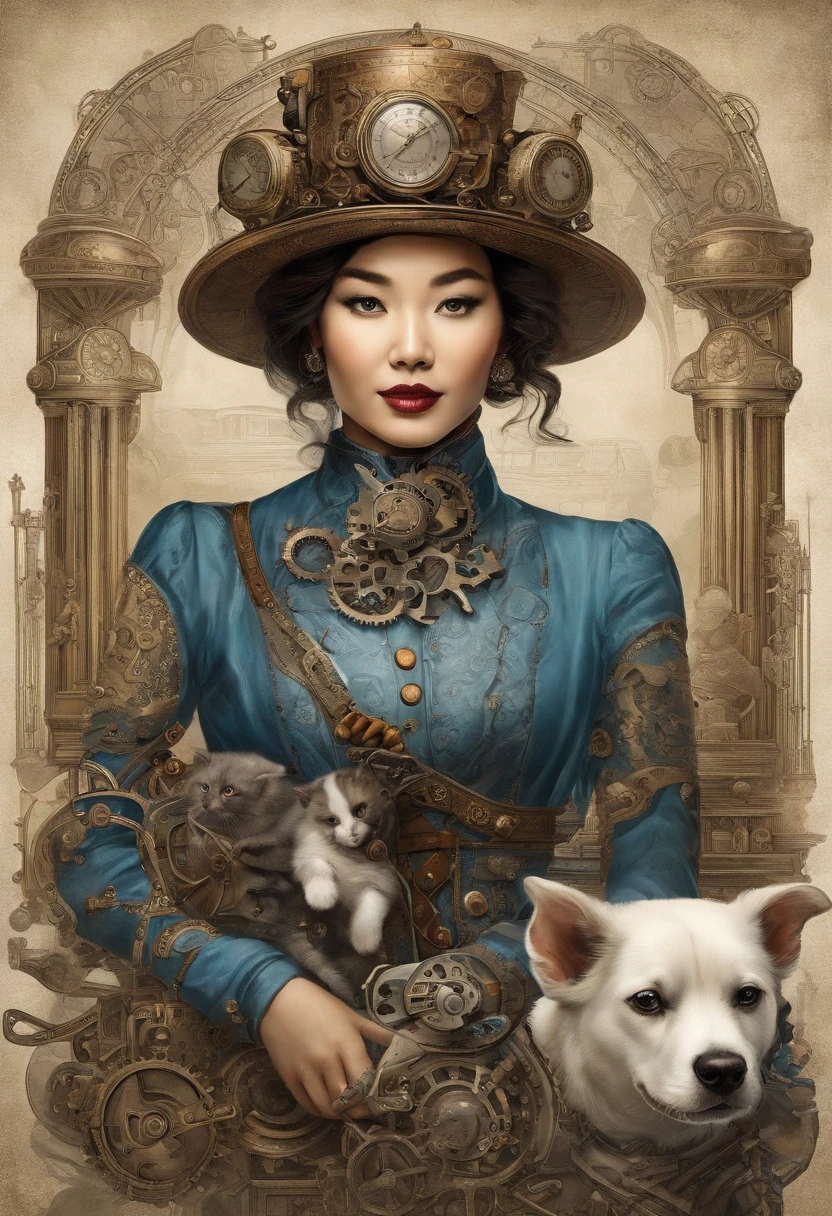 High detail, Clarity, An Asian girl with short hair rides a Dalmatian dog,Holding a very small blue cat