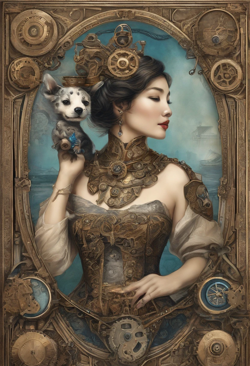 High detail, Clarity, An Asian girl with short hair rides a Dalmatian dog,Holding a very small blue cat