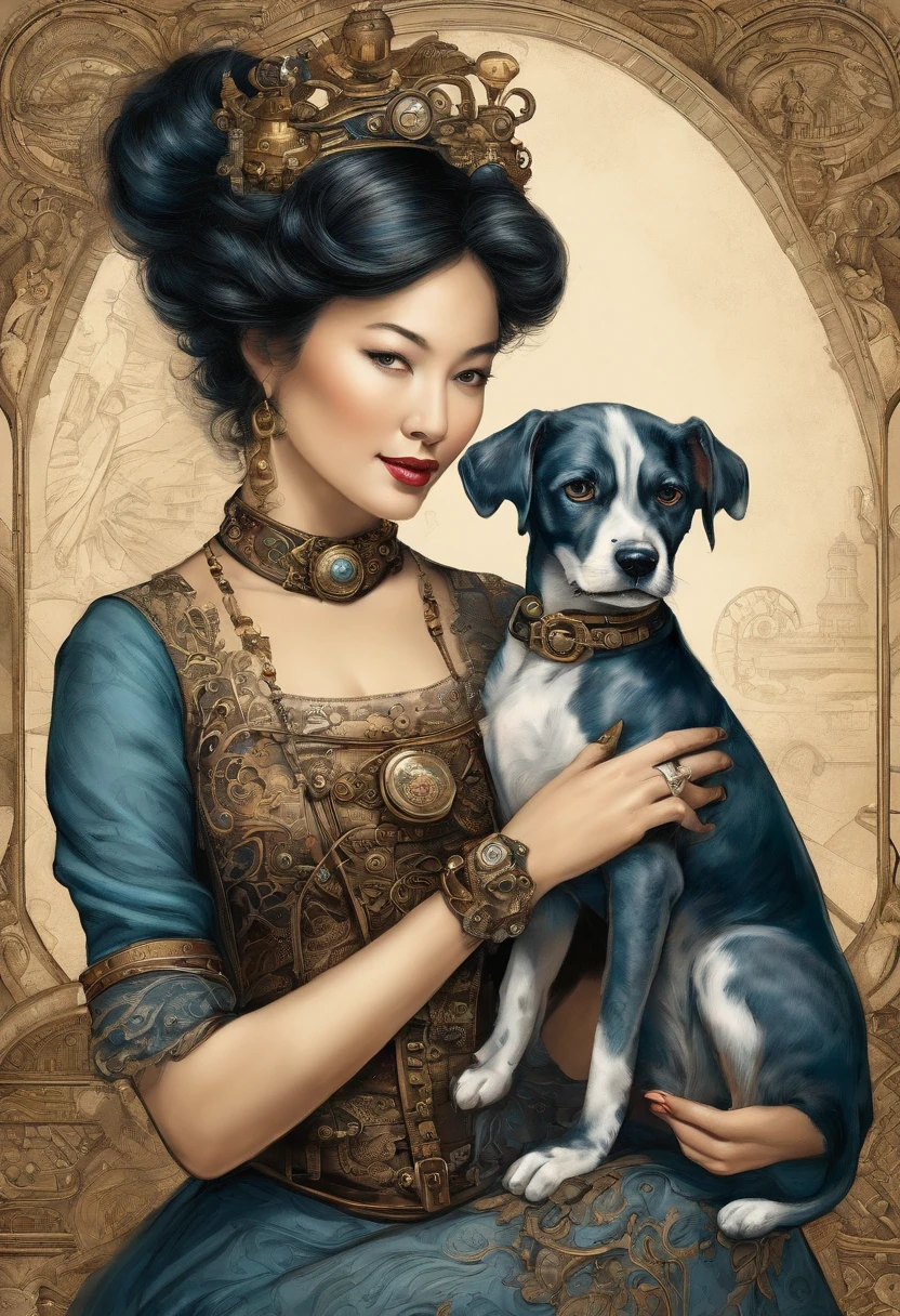 High detail, Clarity, An Asian girl with short hair rides a Dalmatian dog,Holding a very small blue cat