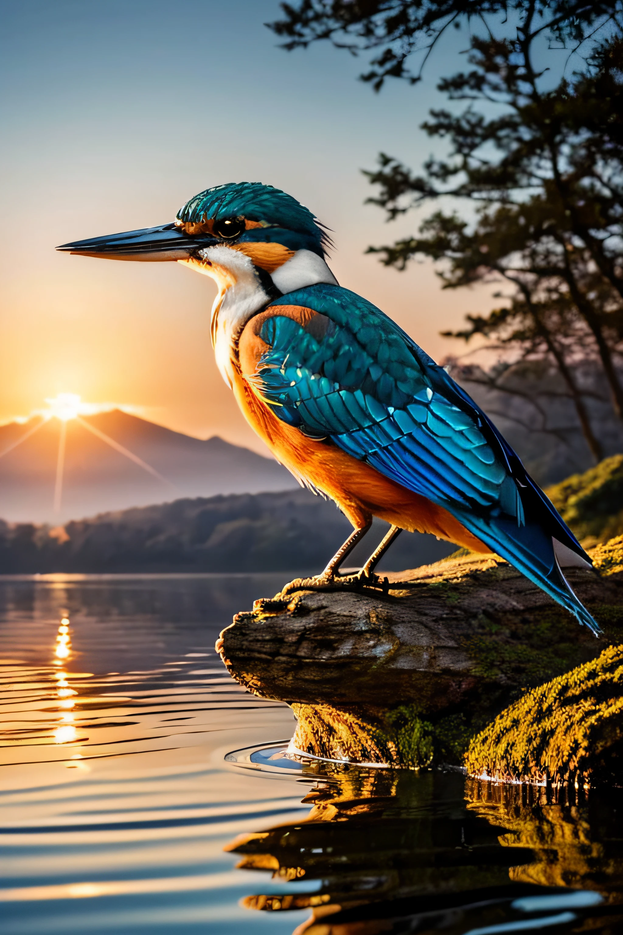 A kingfisher stands gracefully on a branch, diffusing the strong morning light through the mist. The bird slowly rises, while the dramatic side lighting highlights its complex feathers. The scene is set in nature, with flowers framing the bird. To enhance the image quality, please include the following tags at the beginning: "(best quality, 4k, 8k, highres, masterpiece:1.2), ultra-detailed, (realistic, photorealistic, photo-realistic:1.37)". For the medium, please choose a suitable art medium that can convey the beauty of the scene, such as illustration, oil painting, 3D rendering, or photography. To further enrich the details of the image, you can include additional elements such as a misty atmosphere, a serene background, or the kingfisher's stunning reflection in the water. The art style can be described as a combination of landscape and wildlife photography, capturing the elegance and natural beauty of the kingfisher in its habitat. To enhance the color tone, use tags such as vibrant colors, warm tones, or ethereal hues to create a visually appealing atmosphere. Lastly, emphasize the lighting in the scene by mentioning side lighting or highlighting the bird's intricate feathers. Remember to format the prompt as a single line, using commas to separate the tags, without any additional explanations or punctuation marks.