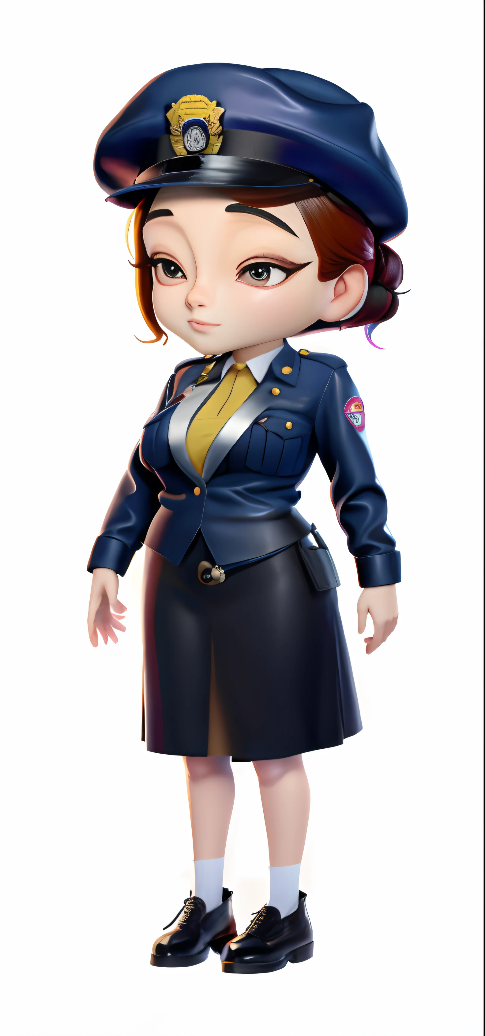 Uniformed policewoman,Wearing a hat and black shoes,