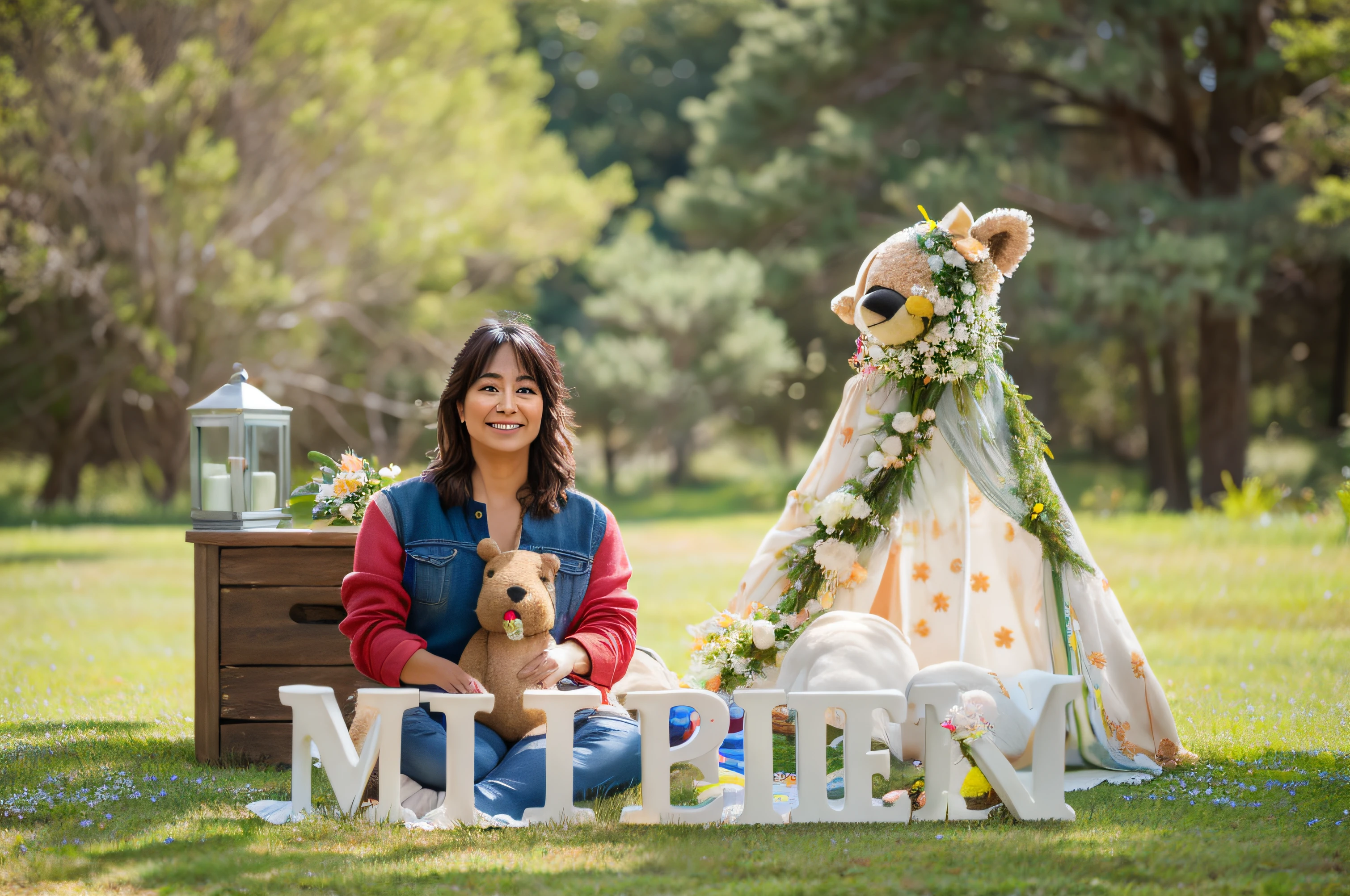 Hay una mujer sentada en la hierba con un oso de peluche, Retrato a mitad de plano, promo, Promotional photography, maternal photography 4 k, Foto Profesional, imagen vertical, photo session, photo session, Retrato medio, Imagen tomada con Canon EOS 5 D Mark IV, Promotional Session, profesional photography, Foto tomada con la Nikon D750, Foto tomada con Nikon D 7 5 0 8k
