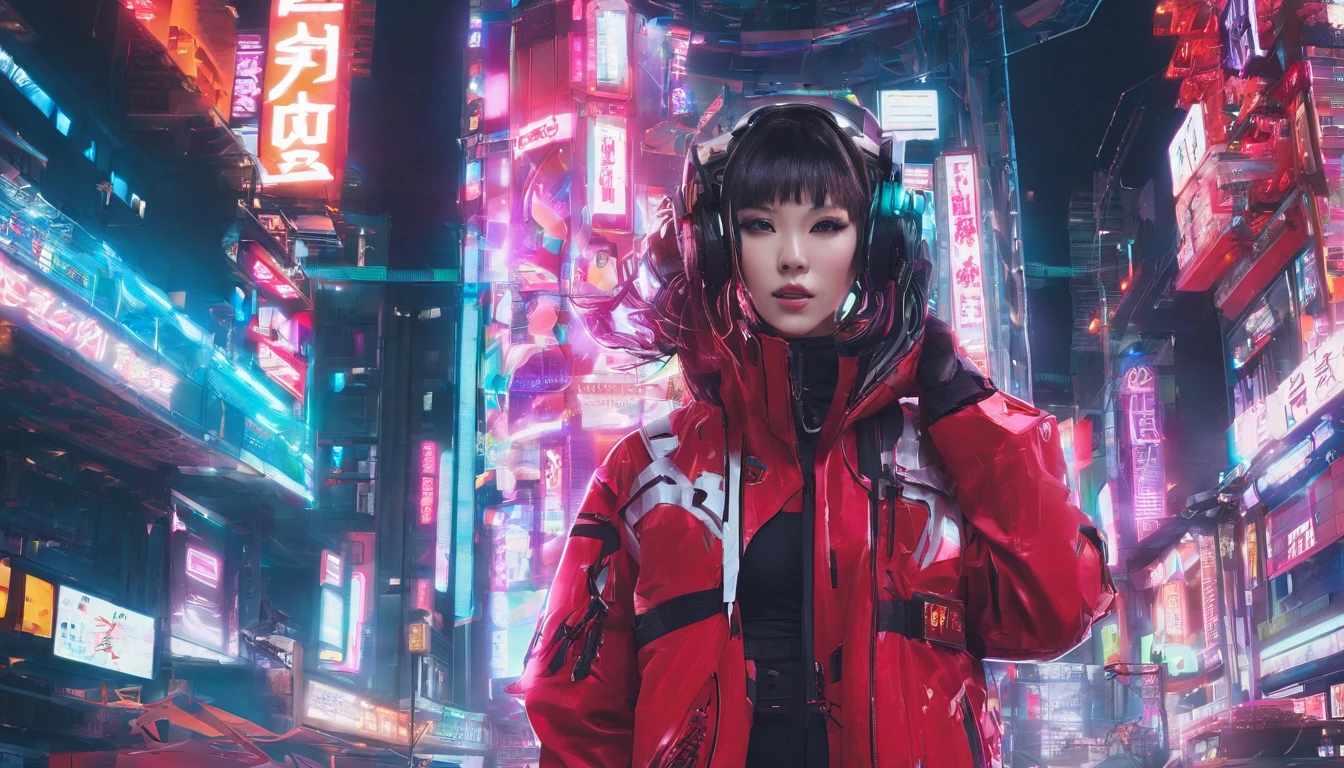 japanaese girl,pale skin,beatiful face,rose hair,Red Jacket,Tokyo at night, with Cyberpunk style,Japanese streetwear,Tokyo Fashion,Wearing a Cyberpunk 2 jacket 0 7 7