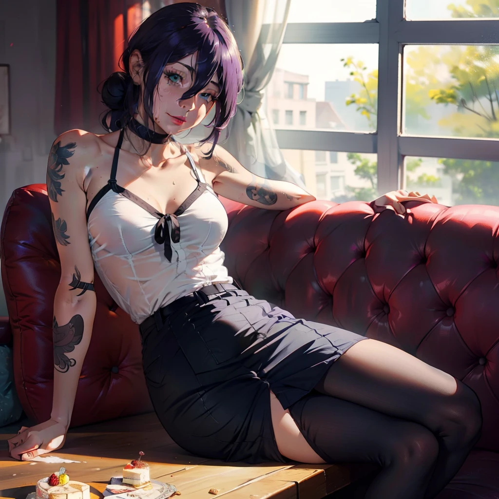 (very detailed background:1.0), (highly detailed background:1.0), (Masterpiece), High Quality, 1girl, woman, tattoo, irezumi, depth of field, dynamic lighting, high quality shadows, feminine, plunging neckline, breast curtains, Revealing clothes, reze, purple hair, sitting on the couch spreading her legs while looking at a small piece of cream cake on a table near  the couch, she is wearing a office skirt, full body, big ass, big breast, curvy body, closeup view, sweaty, detailed face, naked,