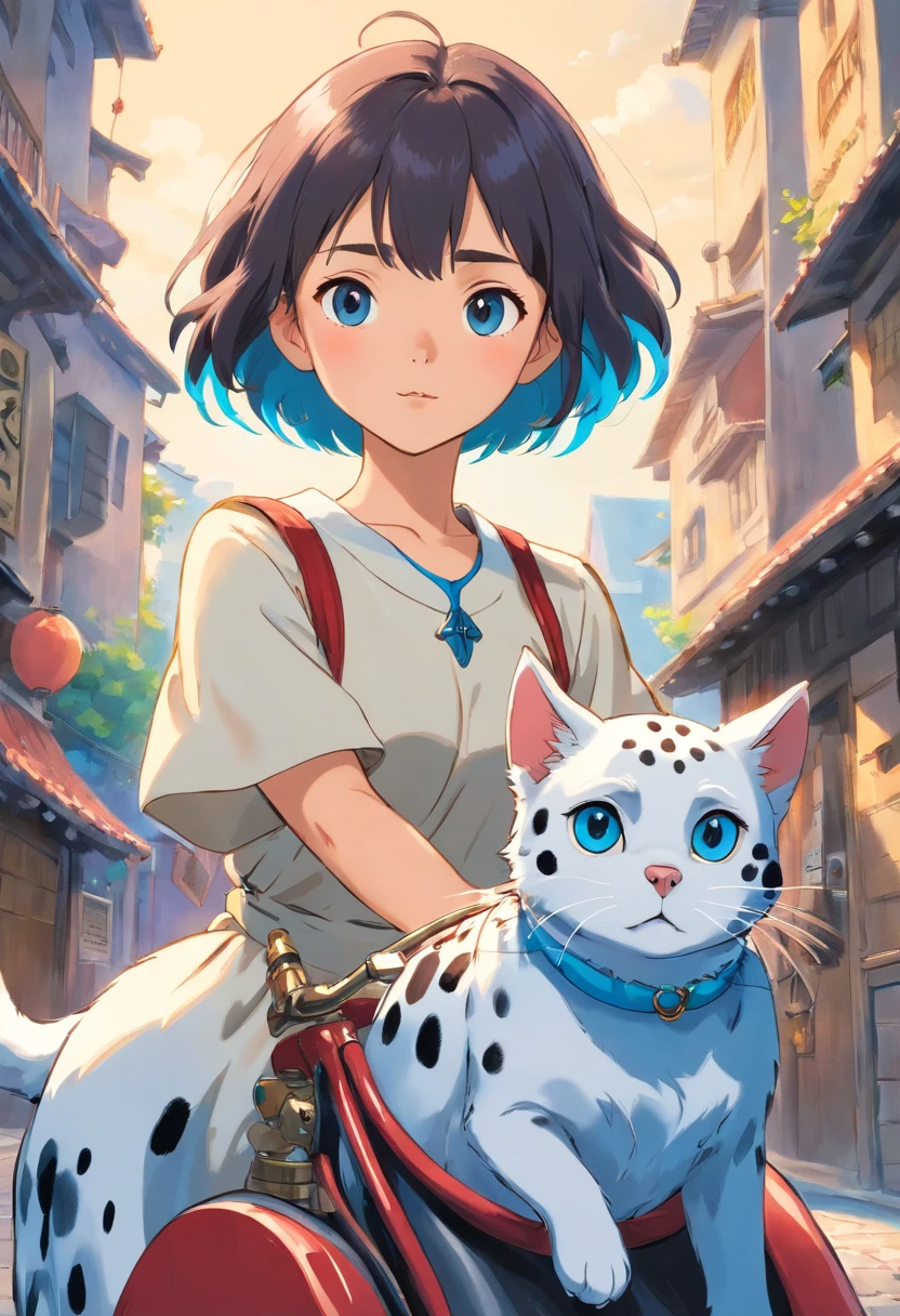 High detail, Clarity, An Asian girl with short hair rides a Dalmatian dog,Holding a very small blue cat