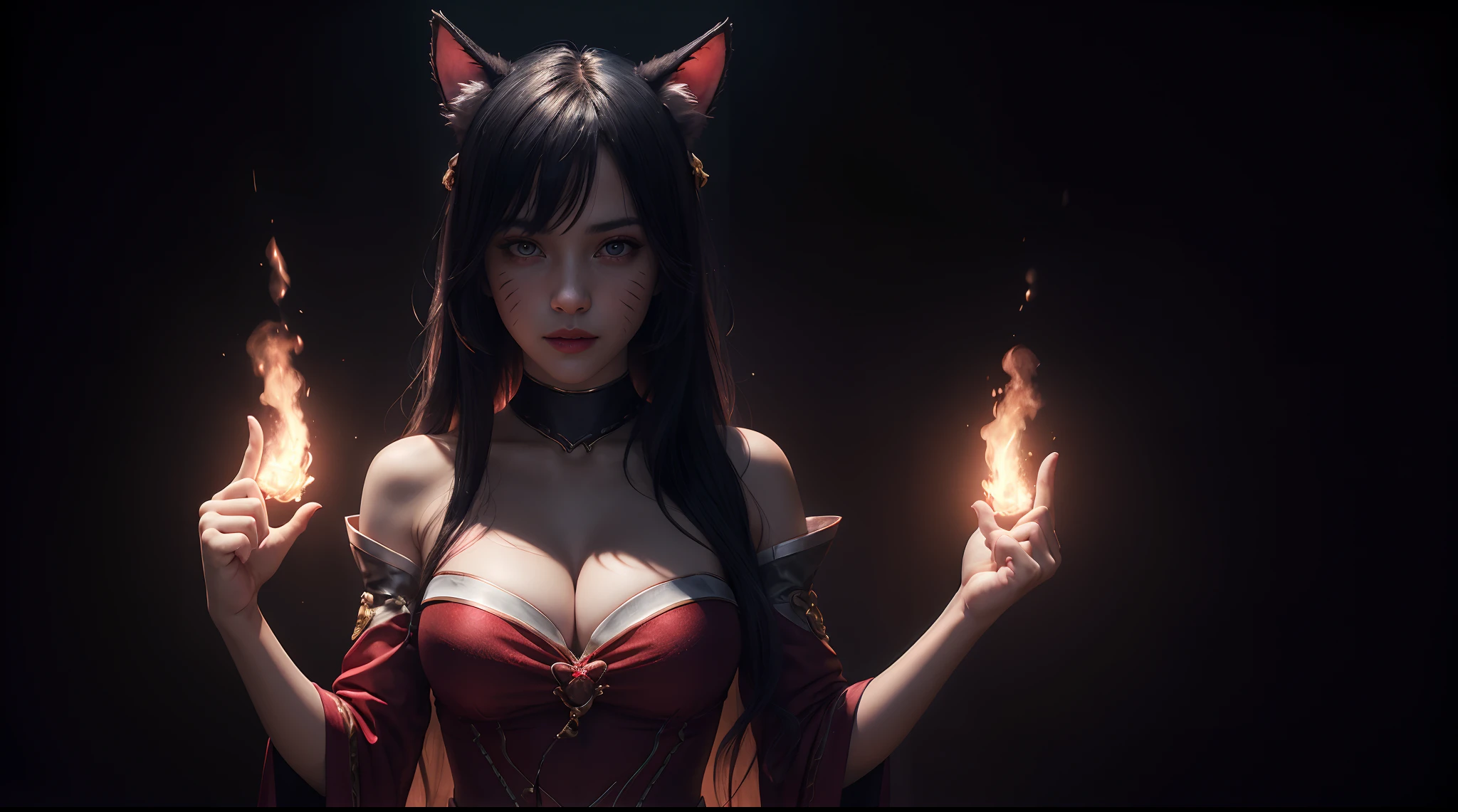 (masterpiece, best quality), intricate detailsah1, facial mark, fox tail, korean clothes, cleavage, bare shoulders, detached sleeves, 1 girl, solo, portrait, standing, lookin at viewer, cinematic, dark atmosphere, dark burning background, volumetric lighting, half body, black background, (fists up:1.3)