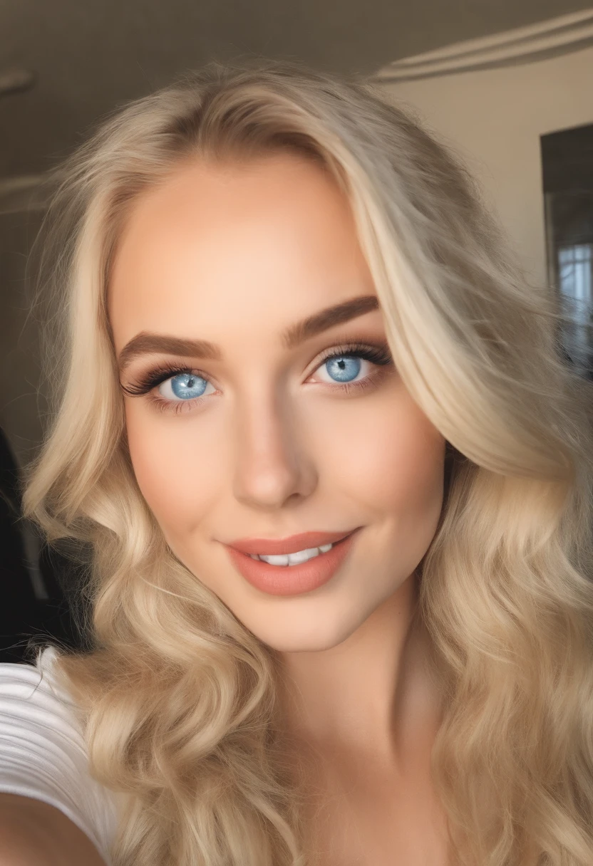 Blonde haired girl pretty blue eyes taking a selfie realistic pores bad lighting bad quality in town 19 years old nail technician