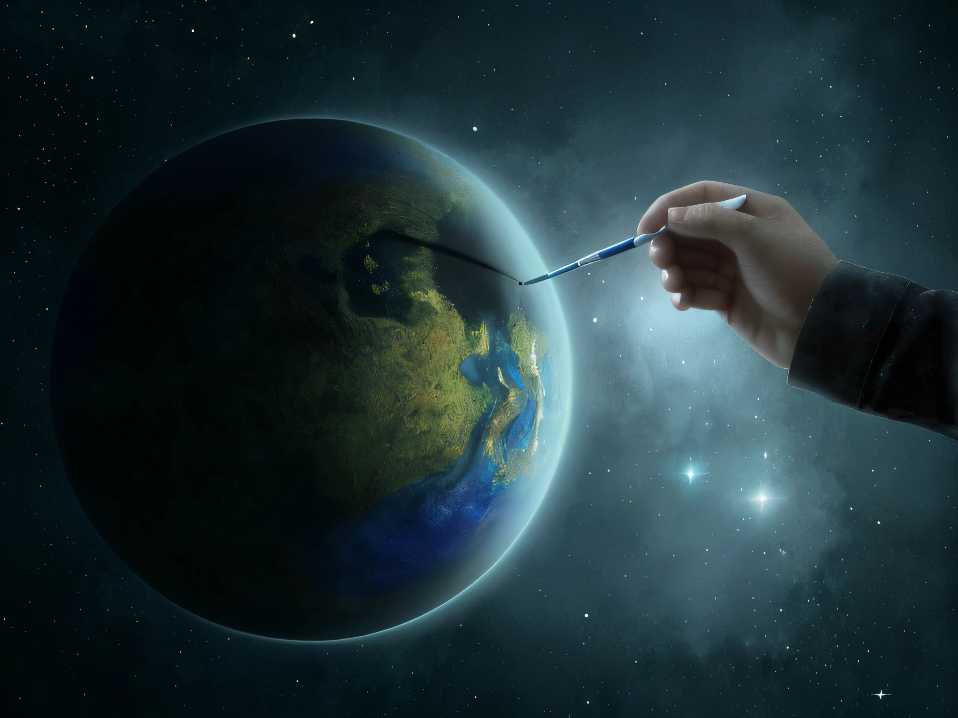 Someone is holding a brush and painting a picture of the Earth, creation of the world, Dreamy painting of the coronavirus, science fantasy painting, Devorando um planeta, Cyril Rolando e Goro Fujita, creation of the universe, segurando um planeta, inspirado em Cyril Rolando, Um planeta de sofrimento sem fim, Directed by: Cyril Rolando, science fiction painting
