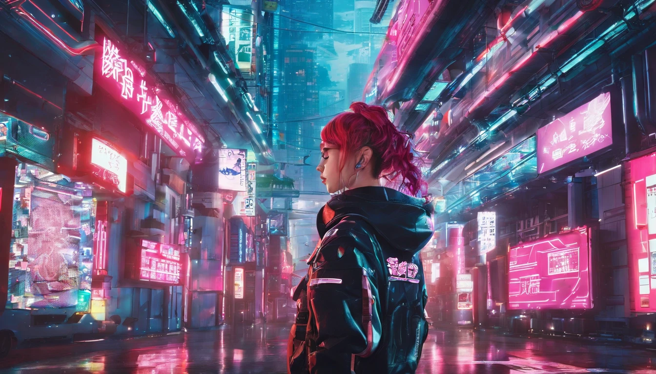 japanaese girl,pale skin,beatiful face,rose hair,Red Jacket,Tokyo at night, with Cyberpunk style,Japanese streetwear,Tokyo Fashion,Wearing a Cyberpunk 2 jacket 0 7 7