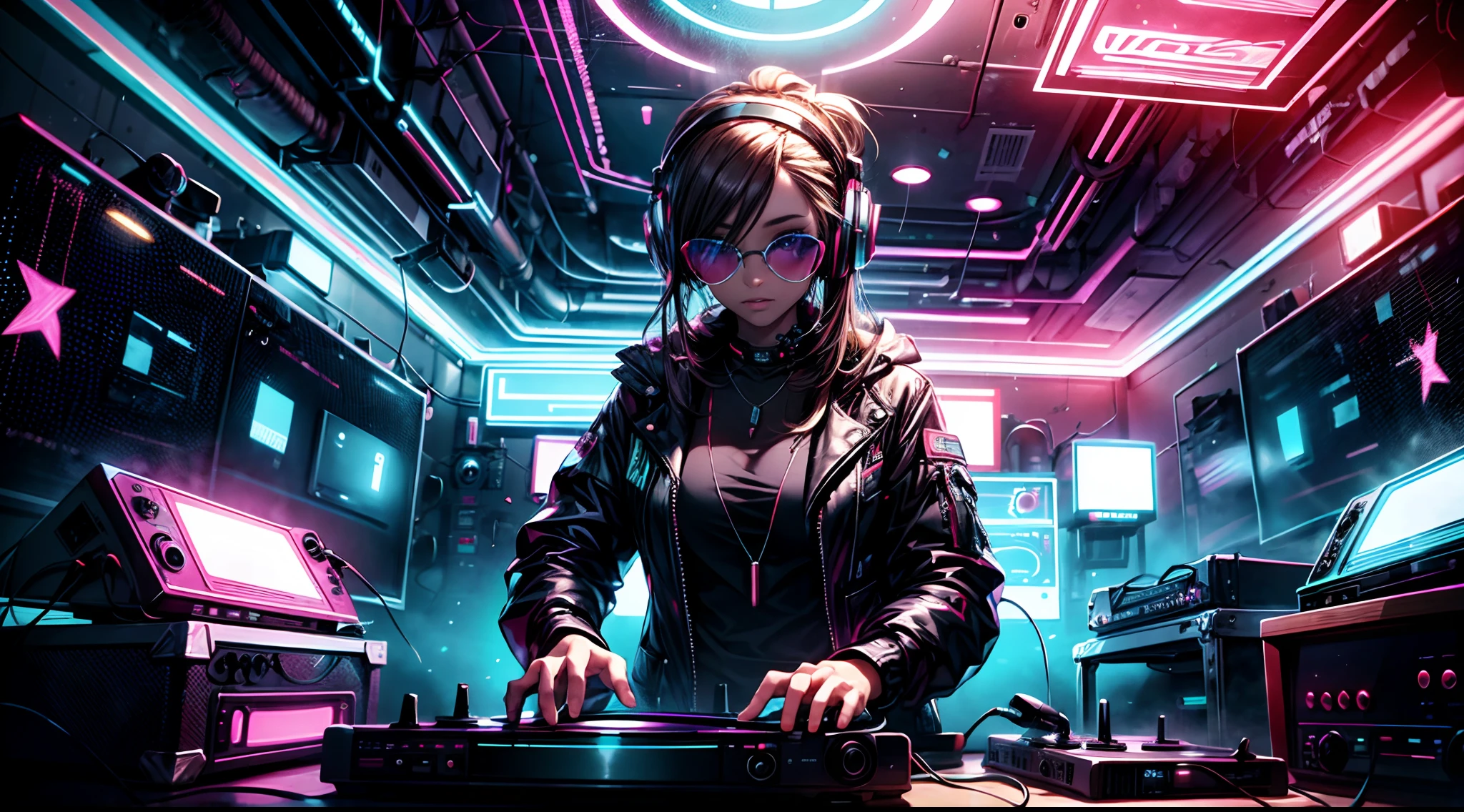 "Cyberpunk DJ Girl With Cool Head Set,Front view ,jaqueta aberta fresca e camisa top de corte, rocking sunglasses, dois grandes alto-falantes LED brilhantes de cada lado, imerso em um ambiente iluminado por neon, vinyl record on turntable with music mixer and turntable in front of it, Exuding an electrifying disco vibe in a futuristic nightclub."