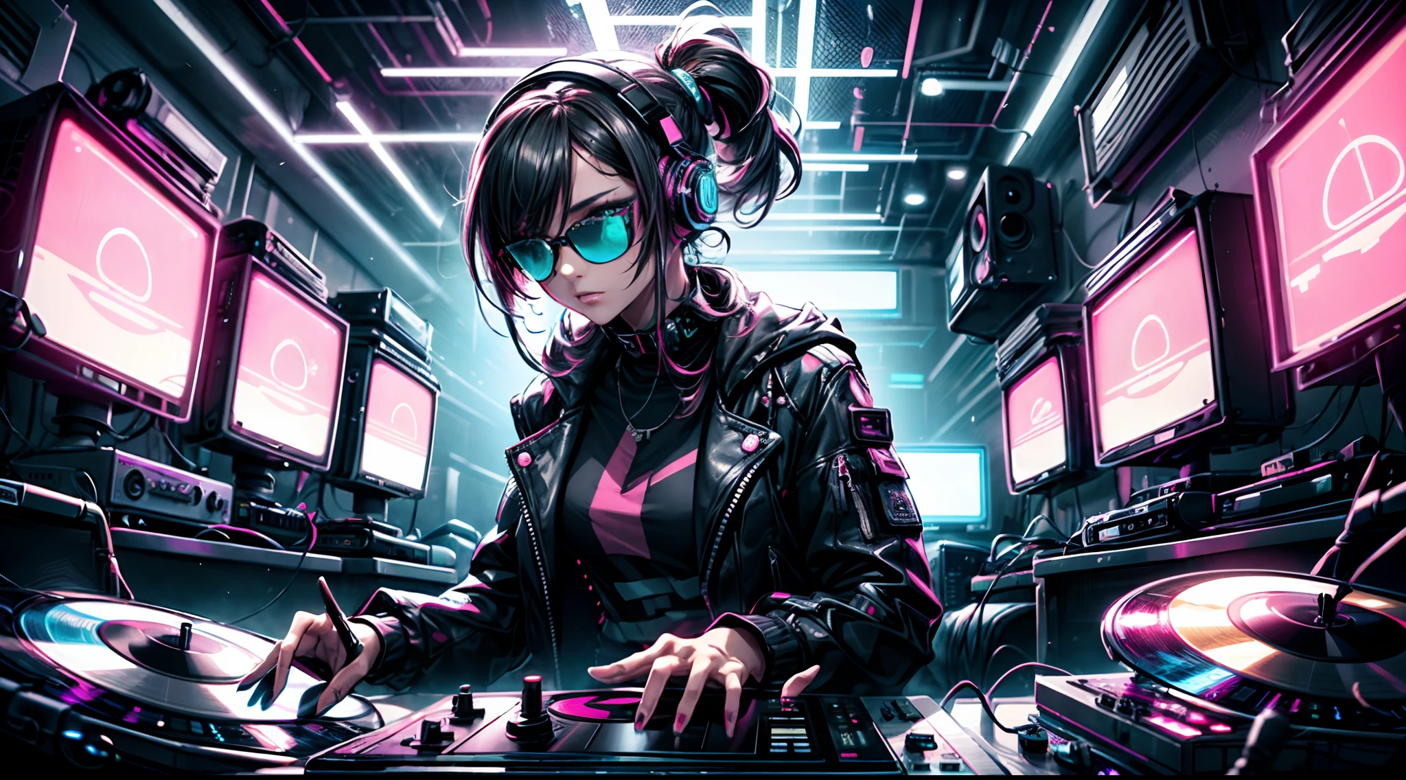 "Cyberpunk DJ Girl With Cool Head Set,Front view ,jaqueta aberta fresca e camisa top de corte, rocking sunglasses, dois grandes alto-falantes LED brilhantes de cada lado, imerso em um ambiente iluminado por neon, vinyl record on turntable with music mixer and turntable in front of it, Exuding an electrifying disco vibe in a futuristic nightclub."