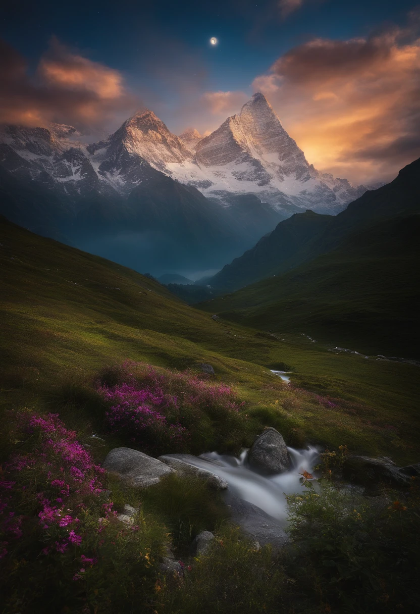 A mystical journey through mountains heading to heavens where five middle aged Indian men and a woman,dawn, illumination, transformative and magical, encantador, ethereal. outro mundo. misterioso, espiritual e comovente. create an atmosphere of mystery and spiritual depth. profundo, thought-provoking and philosophical, Valuable life lessons learned