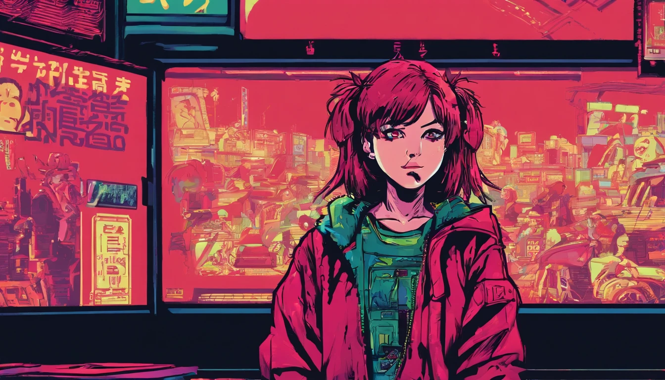 japanaese girl,pale skin,beatiful face,rose hair,Red Jacket,Tokyo at night, with Cyberpunk style,Japanese streetwear,Tokyo Fashion,Wearing a Cyberpunk 2 jacket 0 7 7