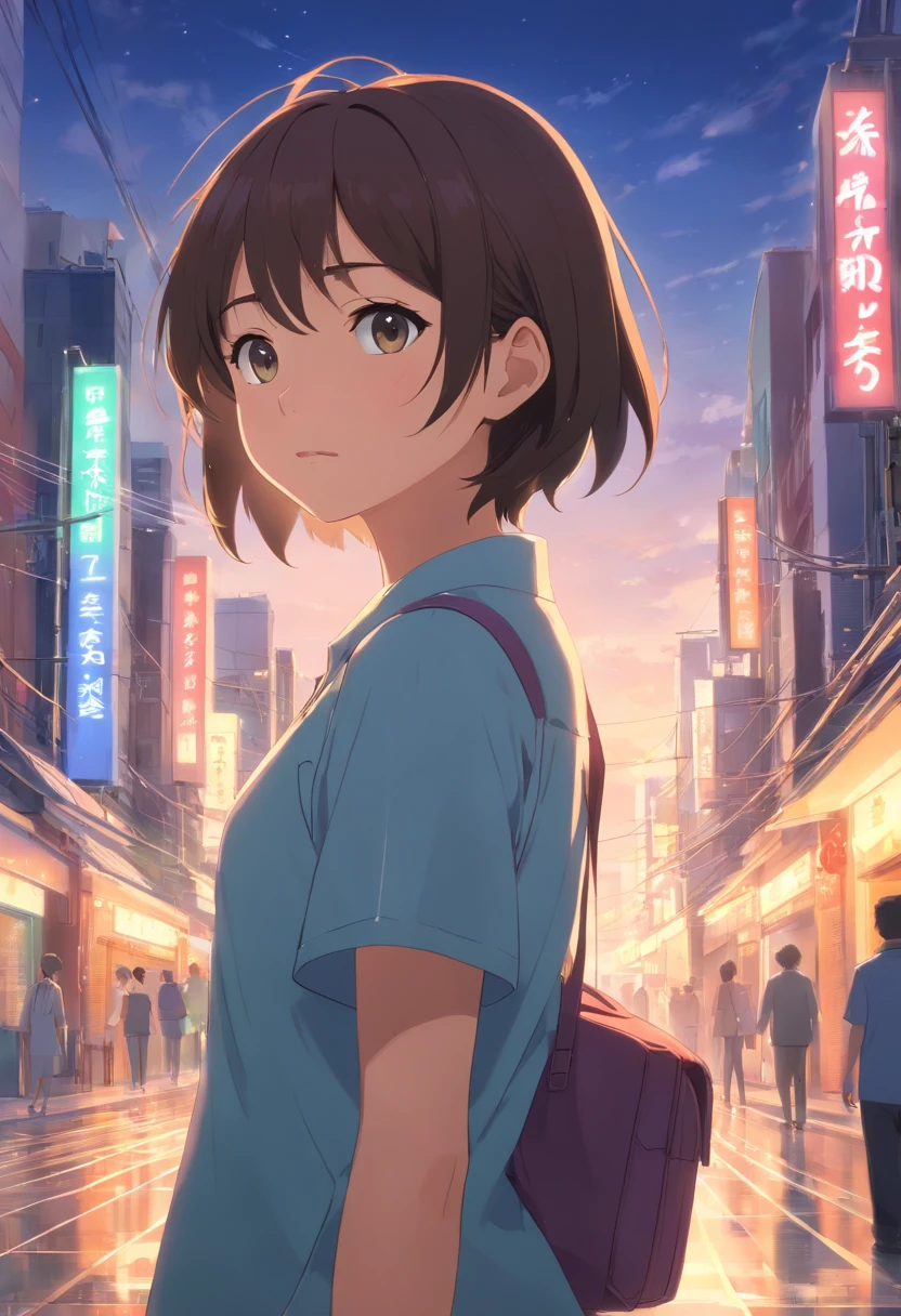 masterpiece,top-quality,Movie stills,1girl in,garl,Inside the city,a closeup,发光,Happiness,爆乳