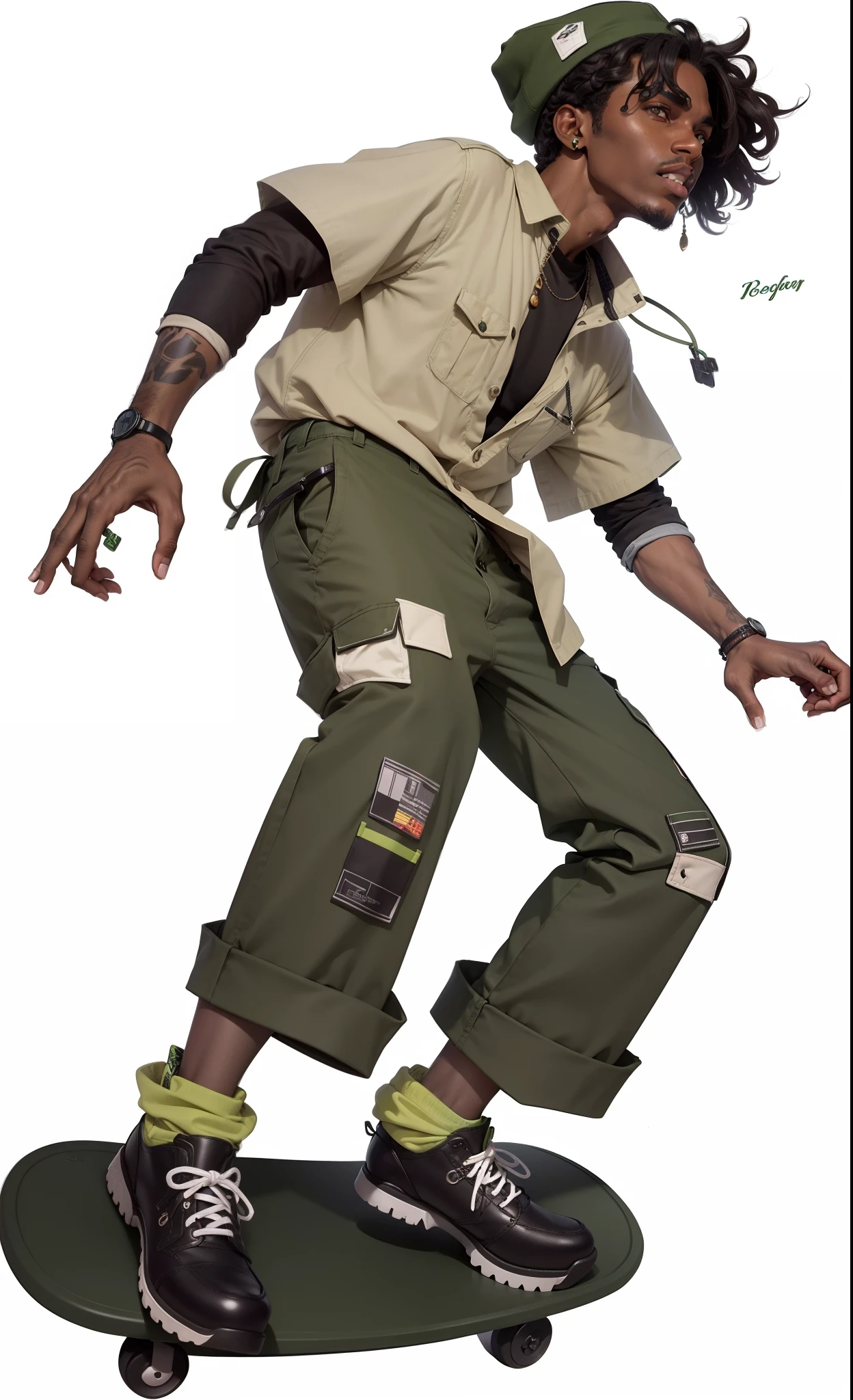 Homem ????? realista, toca verde,green cargo pants plaid shirt