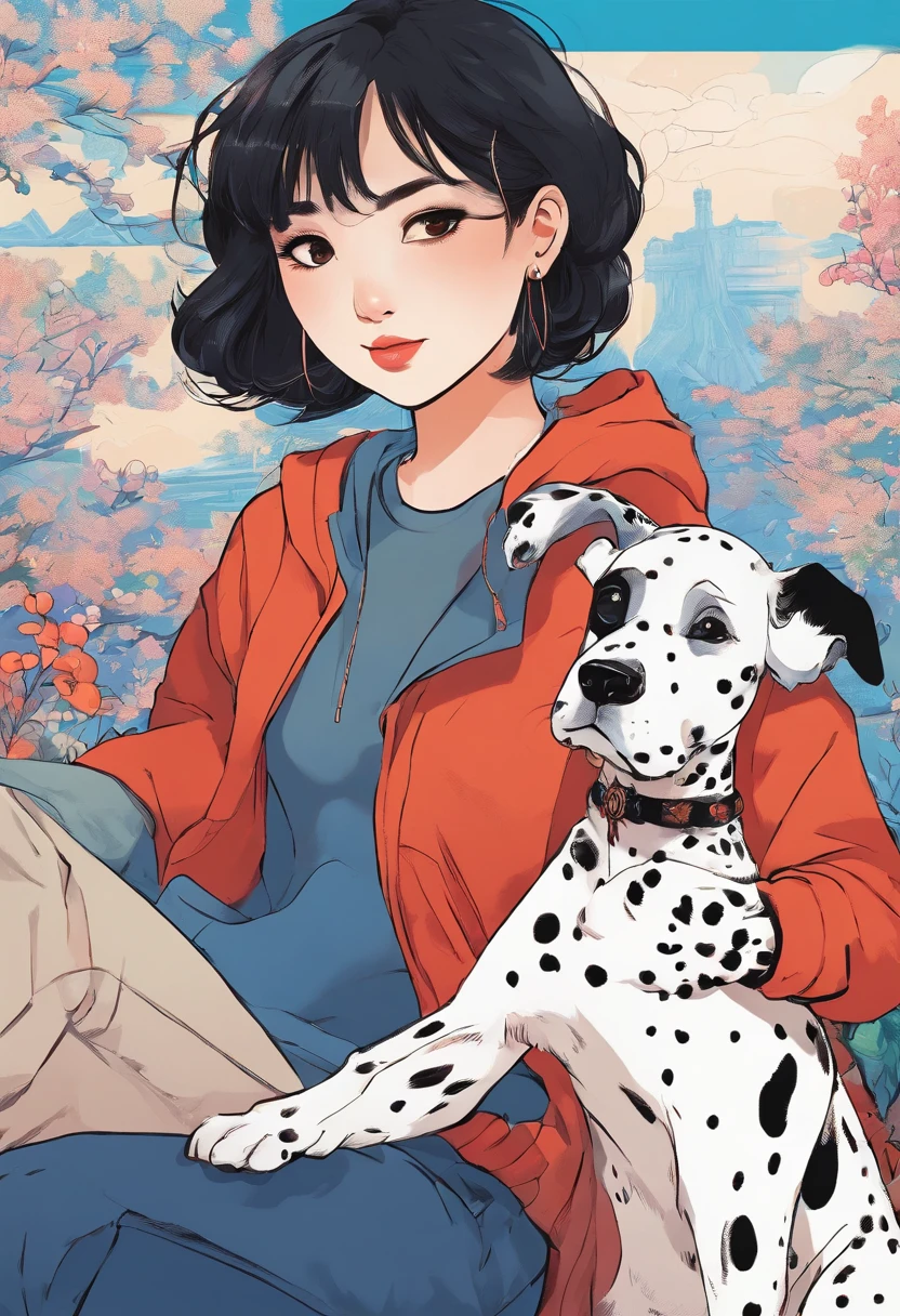 High detail, Clarity, An Asian girl with short hair rides a Dalmatian dog，Dalmatian mount，Holding a very small blue cat