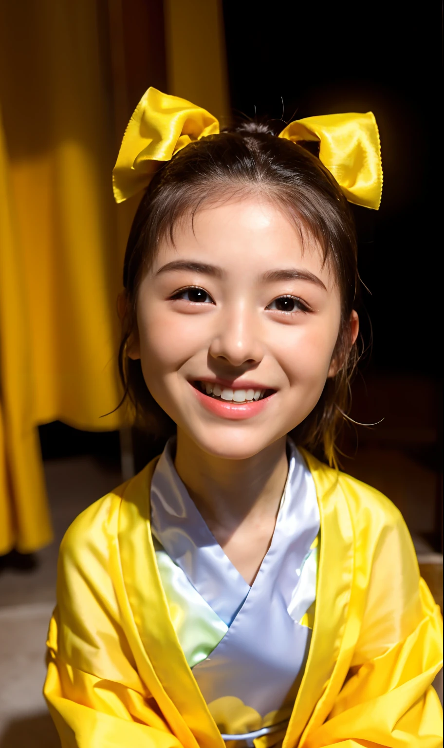 Close up portrait of  in yellow robe sitting on floor, with yellow cloths, palatial palace ，Bursting smile、 a girl in hanfu, cute and lovely, Dressed in a simple robe, Chinese girl, Young Asian Girl, Orange robe, traditional Chinese clothing, a cute young girl, yellow robe, Young Goddess, Korean Girl, very cute and childish, Cute littl, chinese costume