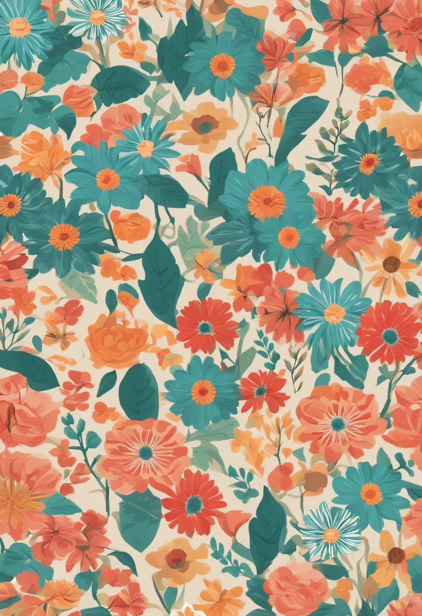 Uma planta、baga、Samambaias、Frondas、Small flower pattern、Forma definida、estilo plano、estilo vetorial、estilo de desenho、naïve style、estilo de papel de parede、cores pop arte。There are no shadows in the image。