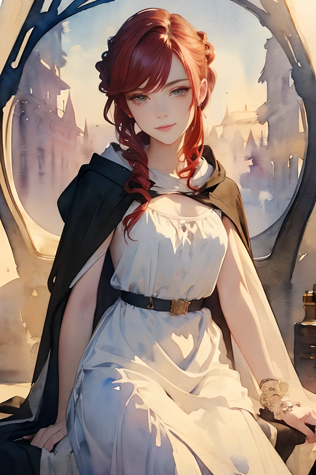 (((watercolor painting by singer sargent))) 21 year old beautiful woman, spaghetti strap dress, redhead, ((corkscrew hairstyle)) (((up turned eyes))) (((looking at viewer))) happy feminine smile, cloak and hoodie