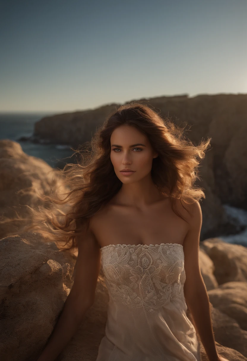 Photograph of an awesome girl, no lleva nada de top, es decir esta topless, (((busto muy pesado))), cabello ondulado, sentado sobre rocas, junto a la playa, gaze at the camera, eyes symmetrical, face symmetrical, fotorrealista, Cinematographer, Seguimiento de rutas, specular lighting, Volumetric light for the face, Camino trazado del cabello, Sombras visibles, intrincado, elaborar, hiperrealista