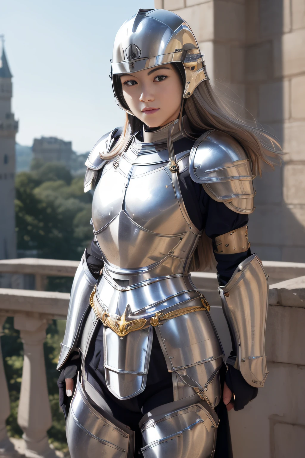 best qualtiy、masutepiece、超A high resolution、(Photorealistic:1.4)、infp young woman、(modeled:1.2)、small head、a small face、blonde  hair、long legged、(Decorated night helmet covering the ears:1.3)、(Richly decorated white full-body armor:1.3)、Tight waist armor、(Falls Armor:1.9)、(Silver Crotch Protector:1.4)、Leg armor、(Yellow cloak:1.3)、(Full body:1.4)、Appearance without makeup、smil、(the perfect body:1.7)、Castle background、By Michelangelo