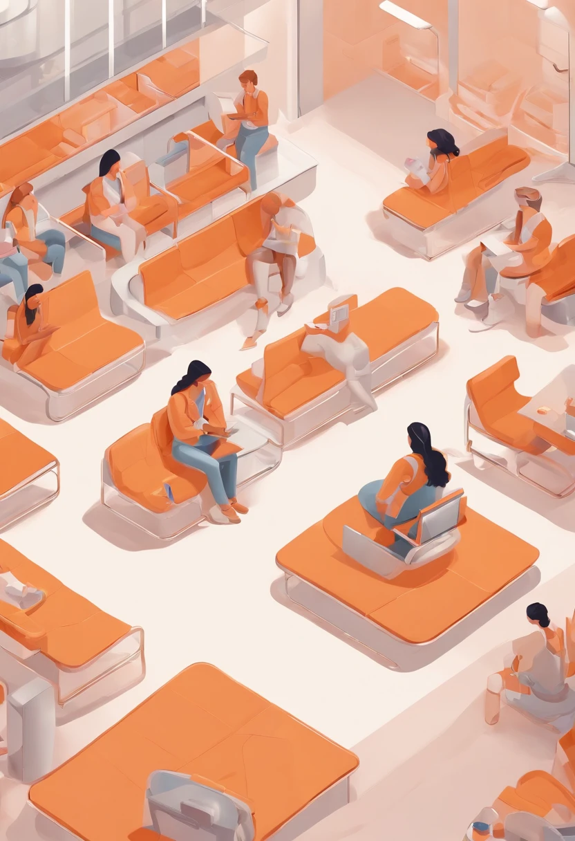 An isometric illustration of a student sitting relaxed in a futuristic school with robot teachers, emotive figurative work, rounded, uniformly staged, pastel orange color, white background