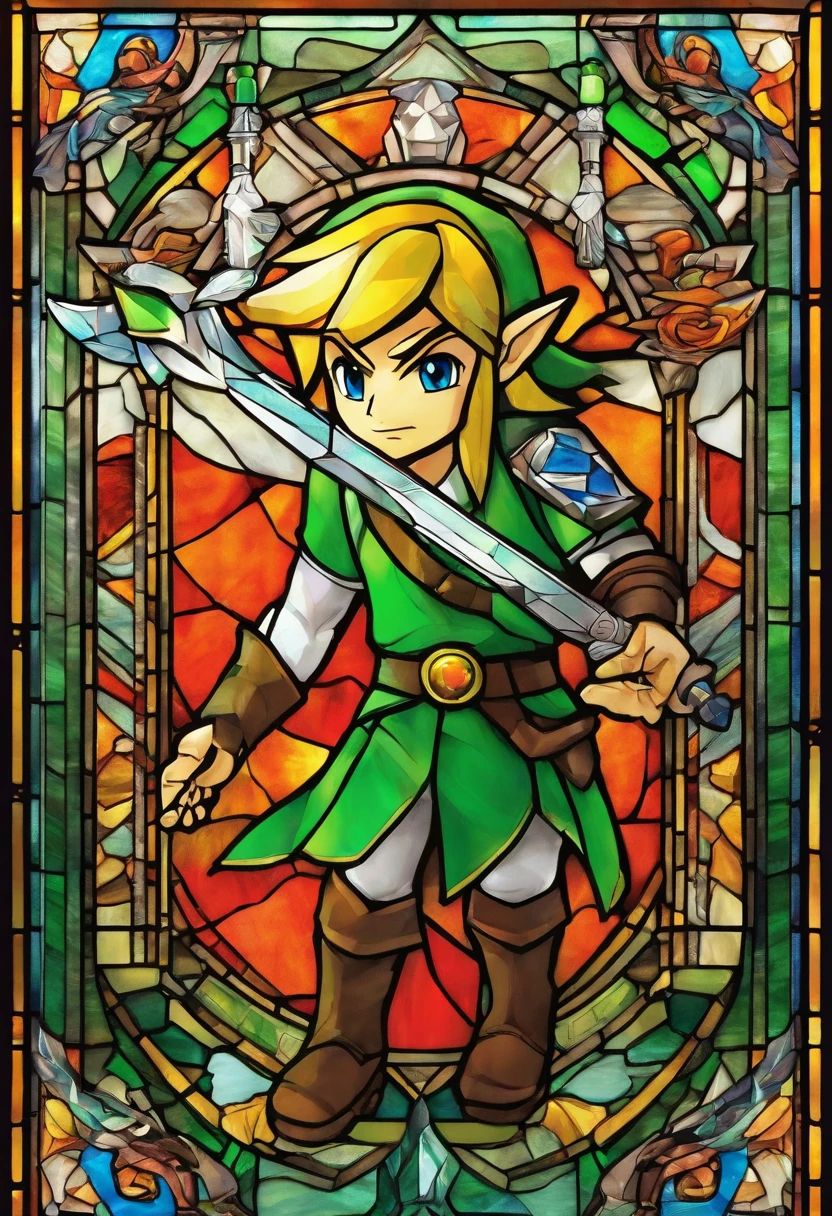 The legend of zelda, link in green tunic standing with mastersword in his left hand, energetic pose, a masterpiece