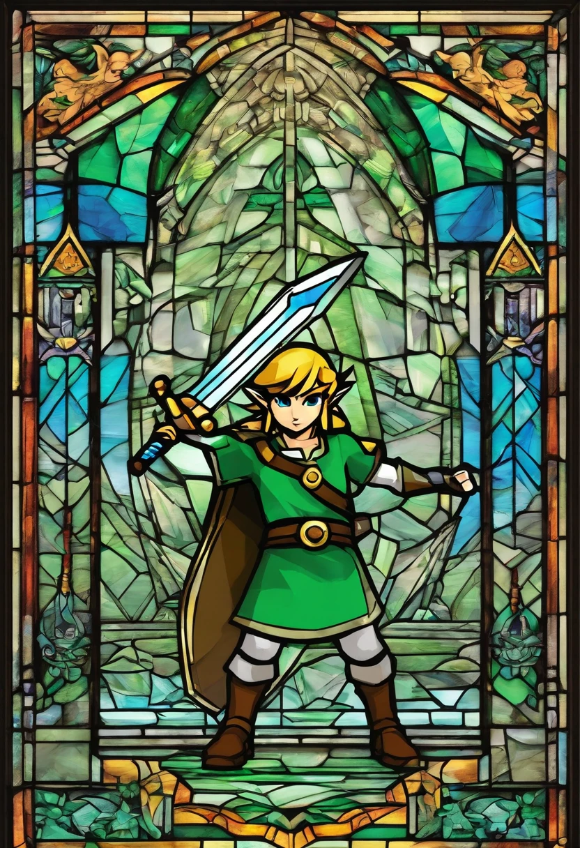 The legend of zelda, link in green tunic standing with mastersword in his left hand, energetic pose, a masterpiece