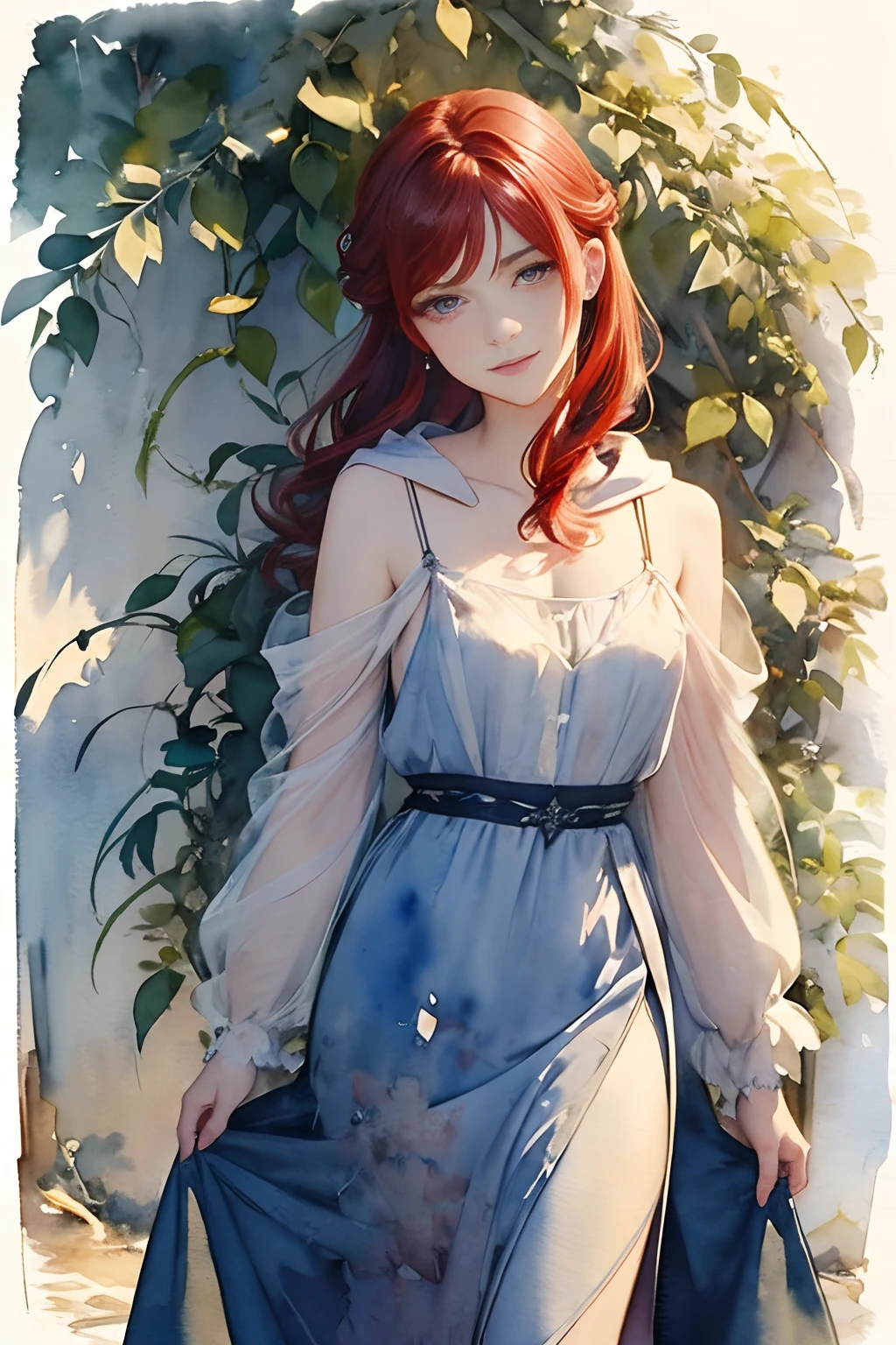 (((watercolor painting by singer sargent))) 21 year old beautiful woman, spaghetti strap dress, redhead, ((corkscrew hairstyle)) (((up turned eyes))) (((looking at viewer))) happy feminine smile, cloak and hoodie