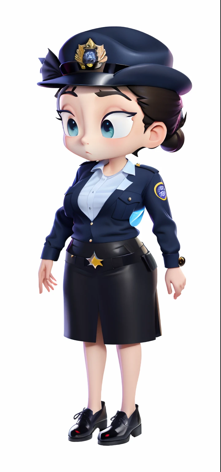 Uniformed policewoman,Wearing a hat and black shoes,