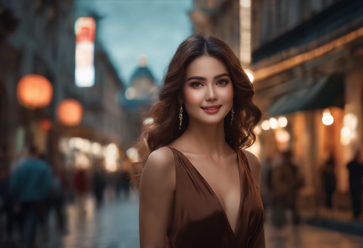 ((Best quality, 8k, Masterpiece :1.3)), 1girl, smiling, full body, slim face, Pretty woman, (Dark brown hair), full length dress :1.1, Ultra-detailed face, Detailed eyes, Double eyelid, blur background, slim face, city, outside, street,